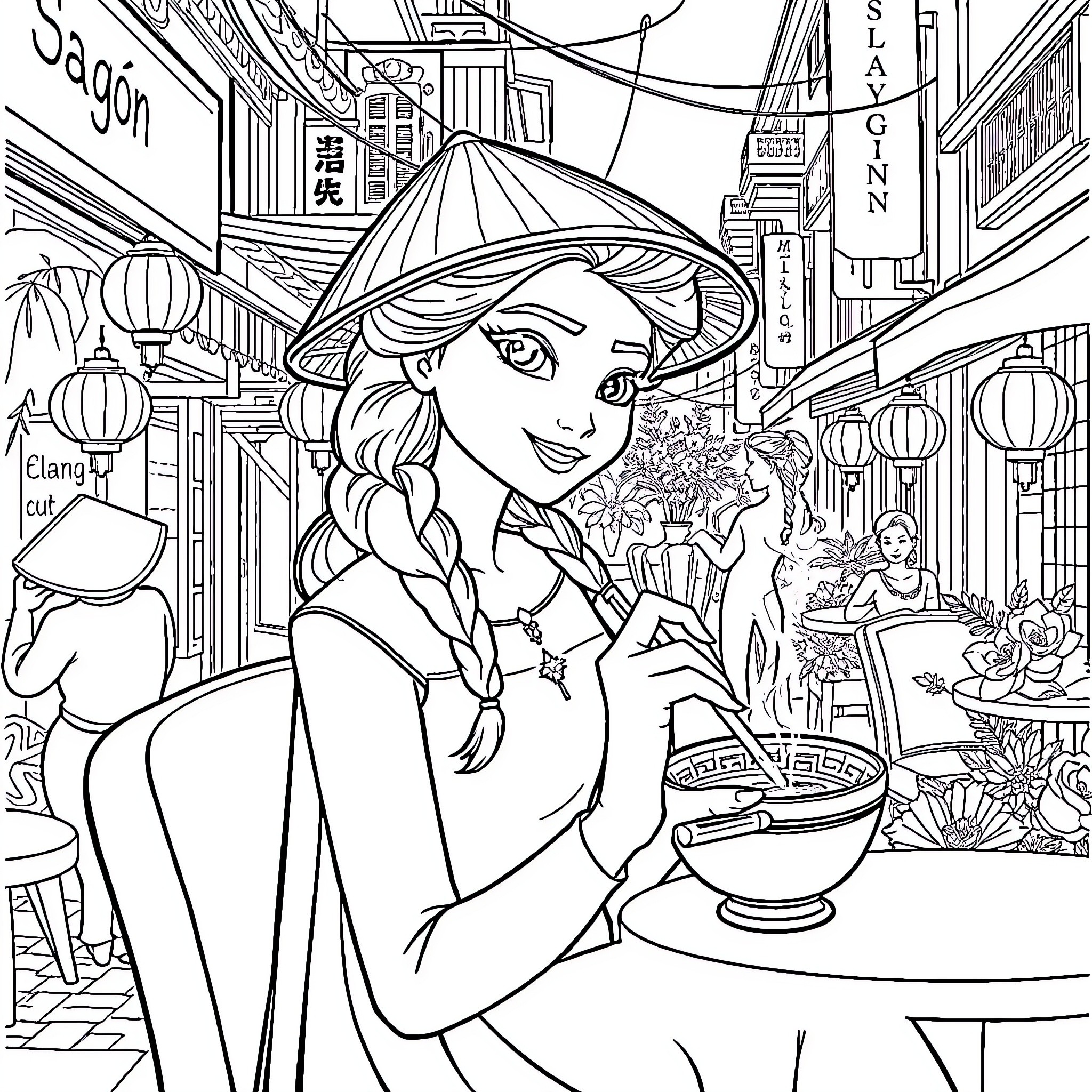 Elsa exploring a lively Asian market scene Coloring Page (free black-and-white line drawing printable PDF for all, from beginners to advanced learners, including children, teens, adults, and seniors)