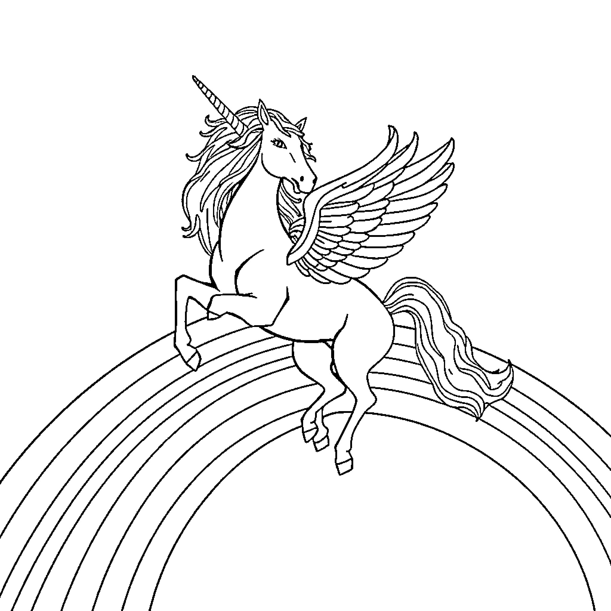 Unicorn soaring over a vibrant rainbow Coloring Page (free black-and-white line drawing printable PDF for all, from beginners to advanced learners, including children, teens, adults, and seniors)