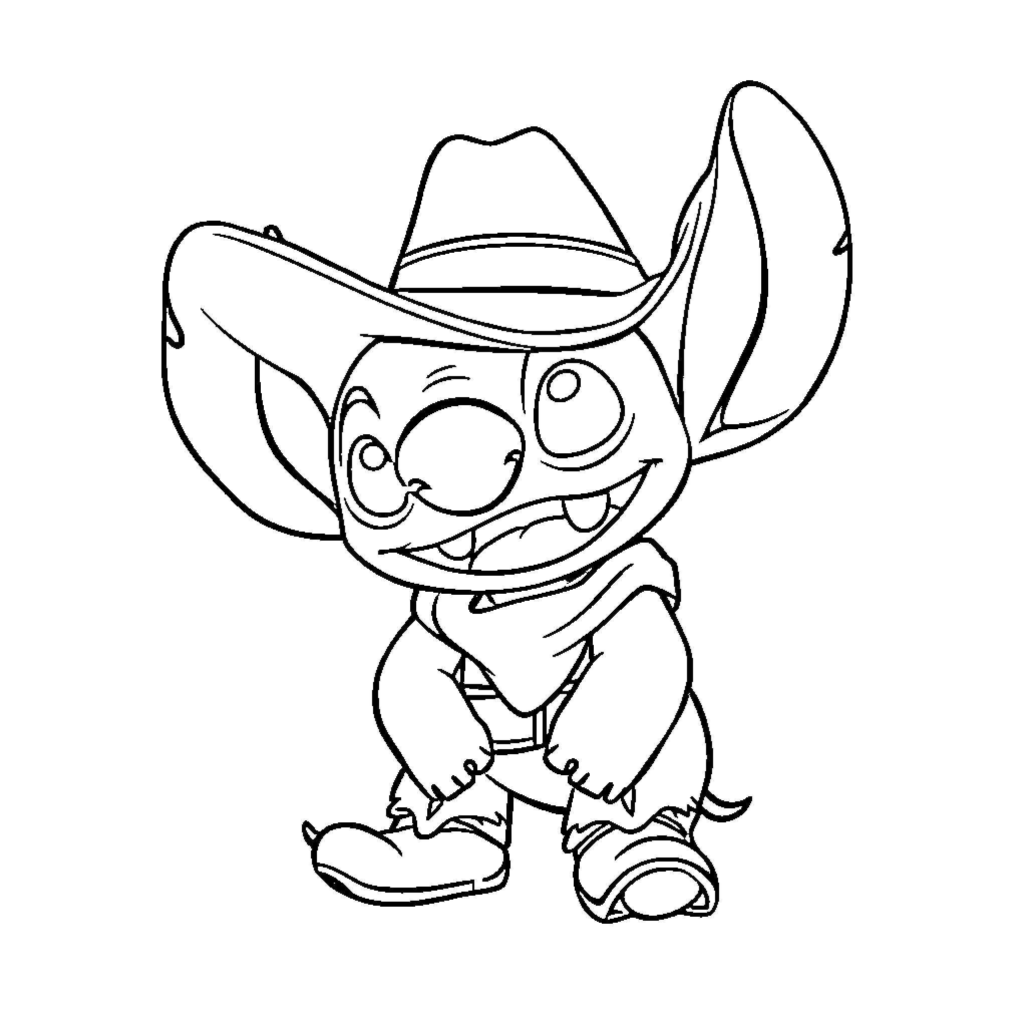 Stitch dressed as a cowboy Coloring Page (free black-and-white line drawing printable PDF for all, from beginners to advanced learners, including children, teens, adults, and seniors)