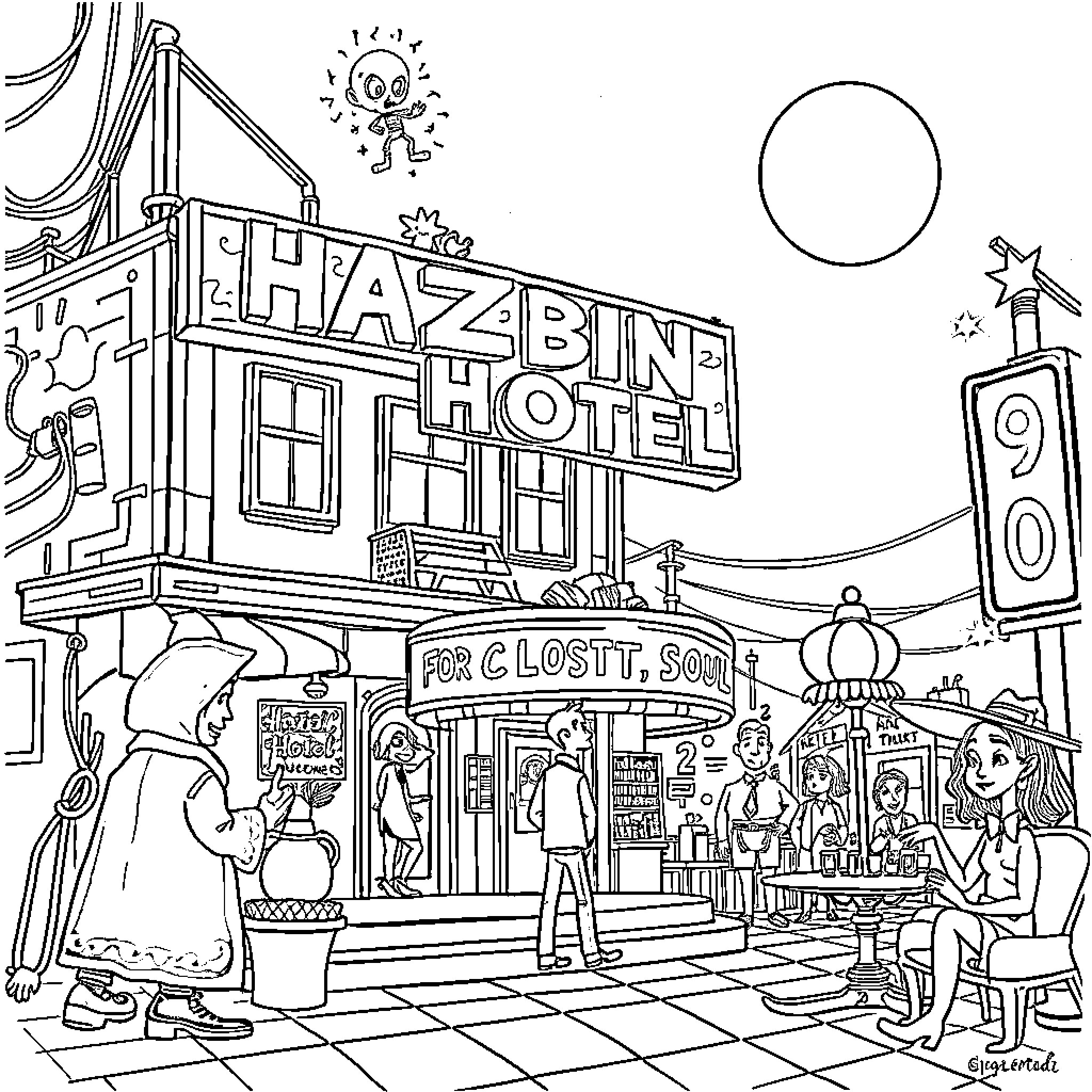 Hazbin Hotel: Characters in a lively urban scene Coloring Page (free black-and-white line drawing printable PDF for all, from beginners to advanced learners, including children, teens, adults, and seniors)