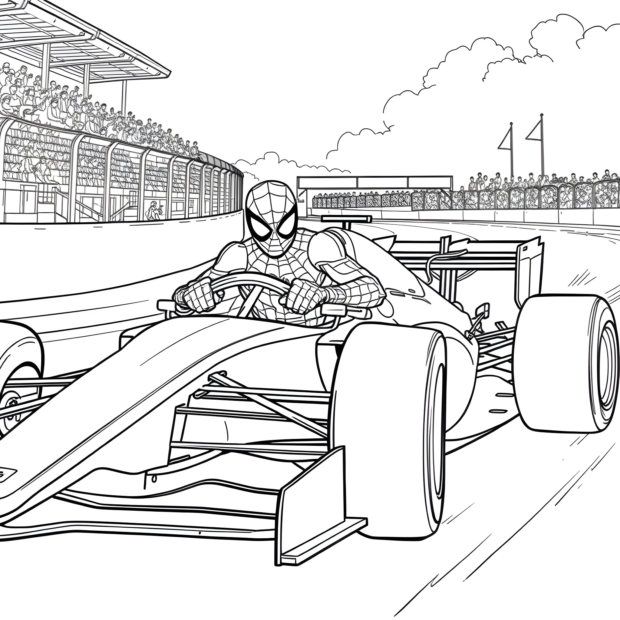 Spiderman racing in Formula 1 car on racetrack Coloring Page (free black-and-white line drawing printable PDF for all, from beginners to advanced learners, including children, teens, adults, and seniors)