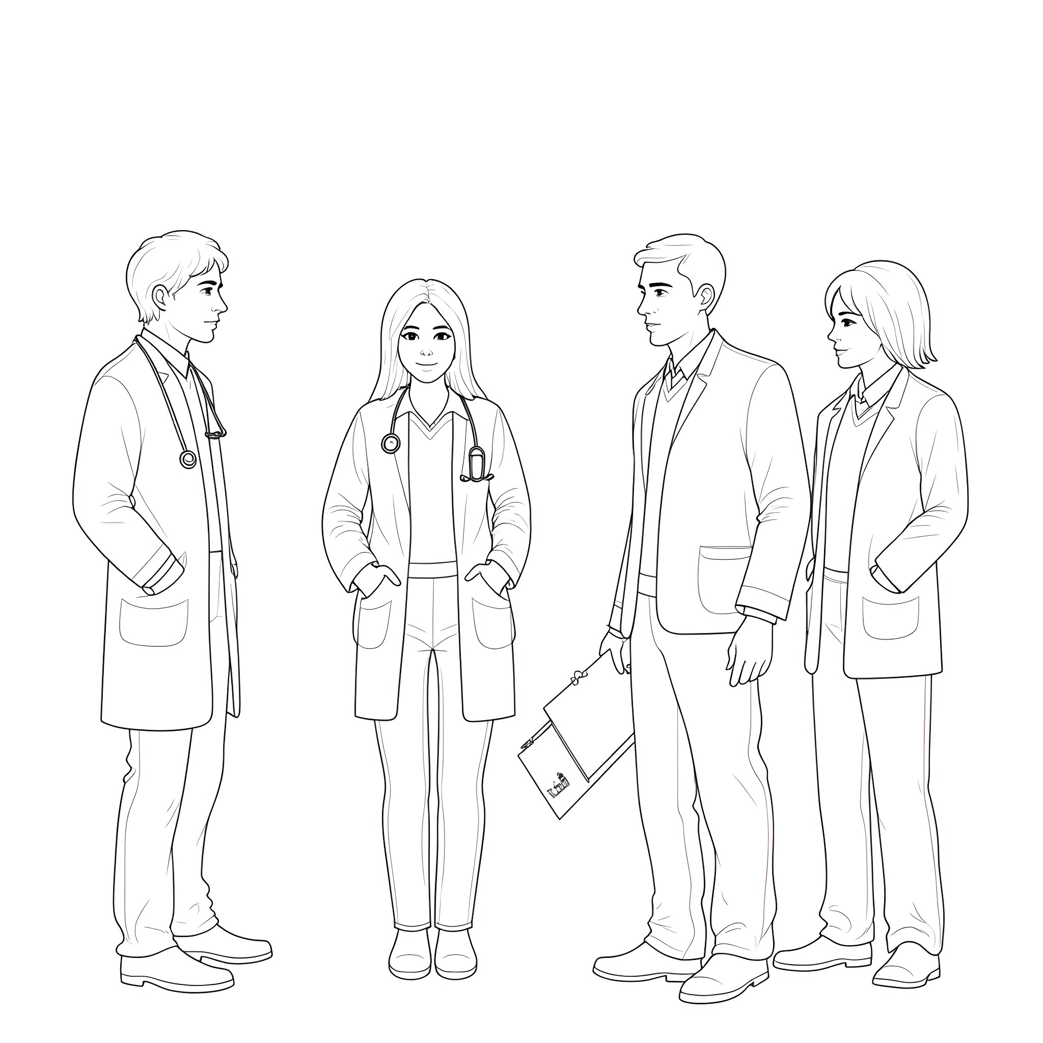 Clinical Trial Participants in Medical Attire Coloring Page (free black-and-white line drawing printable PDF for all, from beginners to advanced learners, including children, teens, adults, and seniors)