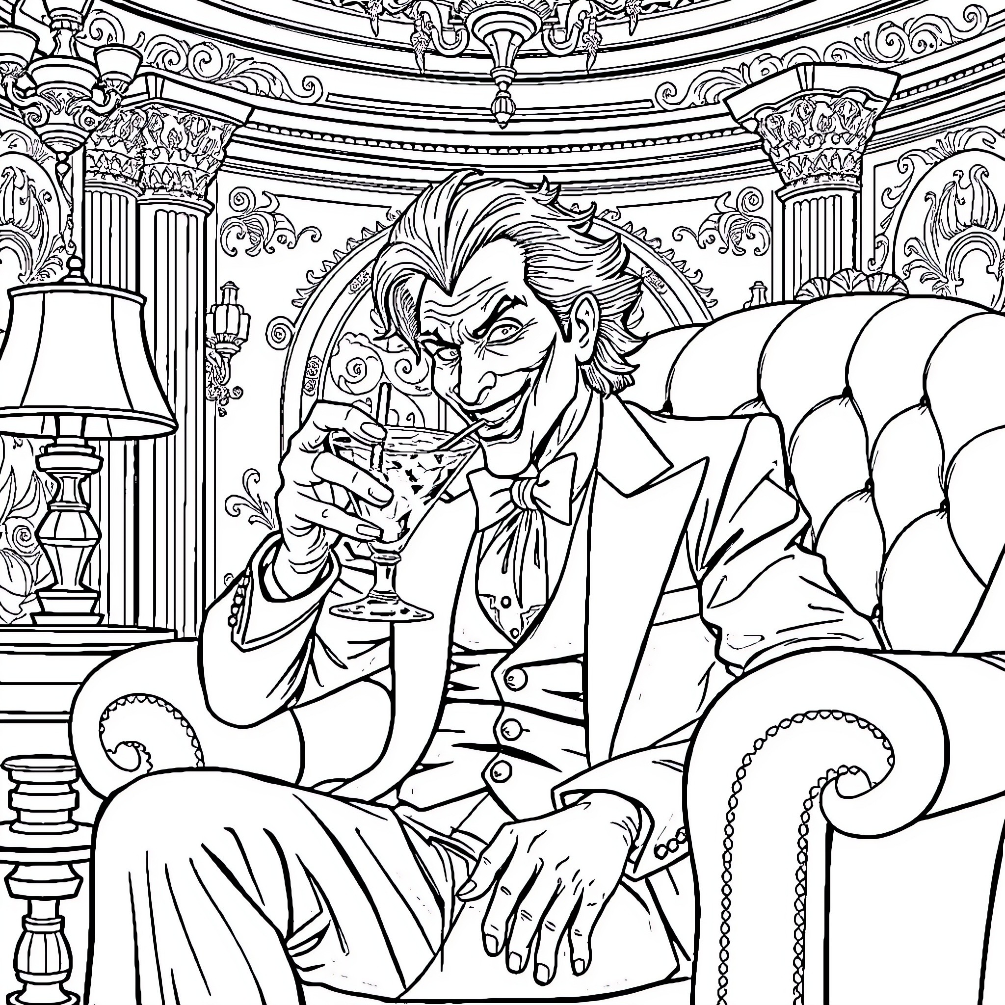 Joker enjoying a glass of wine in a lavish room Coloring Page (free black-and-white line drawing printable PDF for all, from beginners to advanced learners, including children, teens, adults, and seniors)