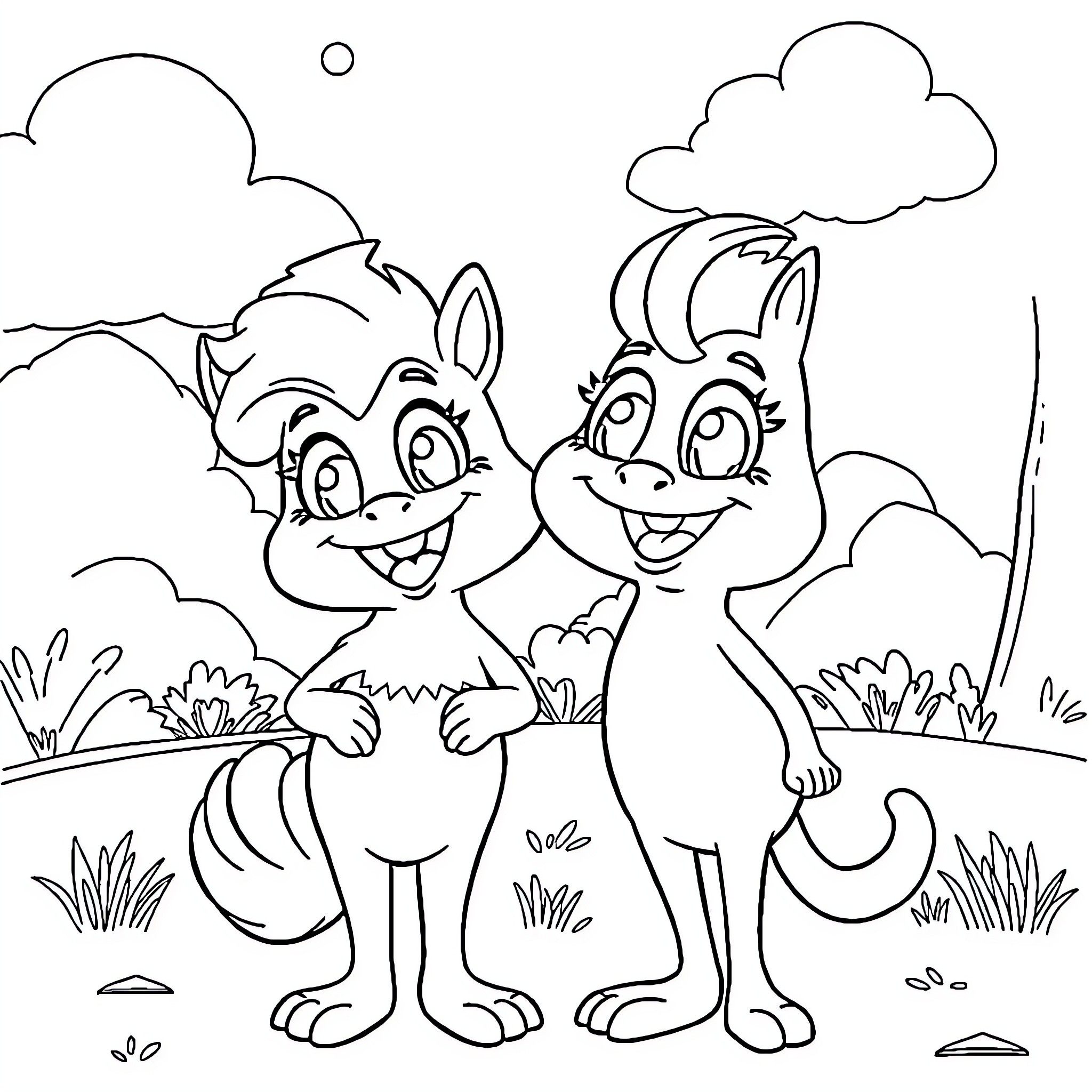 Meekah's Playful Adventure with Friend Coloring Page (free black-and-white line drawing printable PDF for all, from beginners to advanced learners, including children, teens, adults, and seniors)