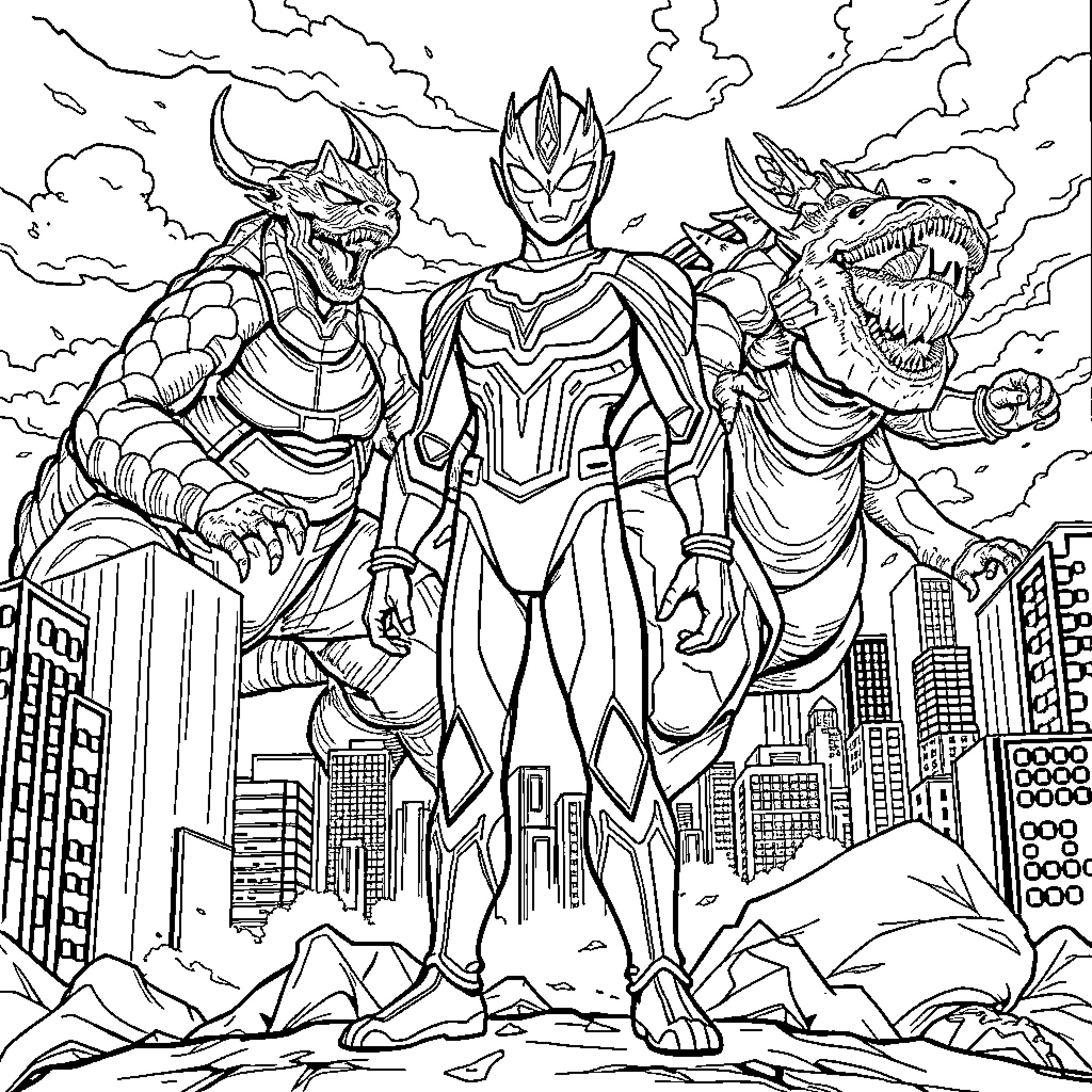 Ultraman Confronts Fearsome Kaiju Creatures in Cityscape Coloring Page (free black-and-white line drawing printable PDF for all, from beginners to advanced learners, including children, teens, adults, and seniors)