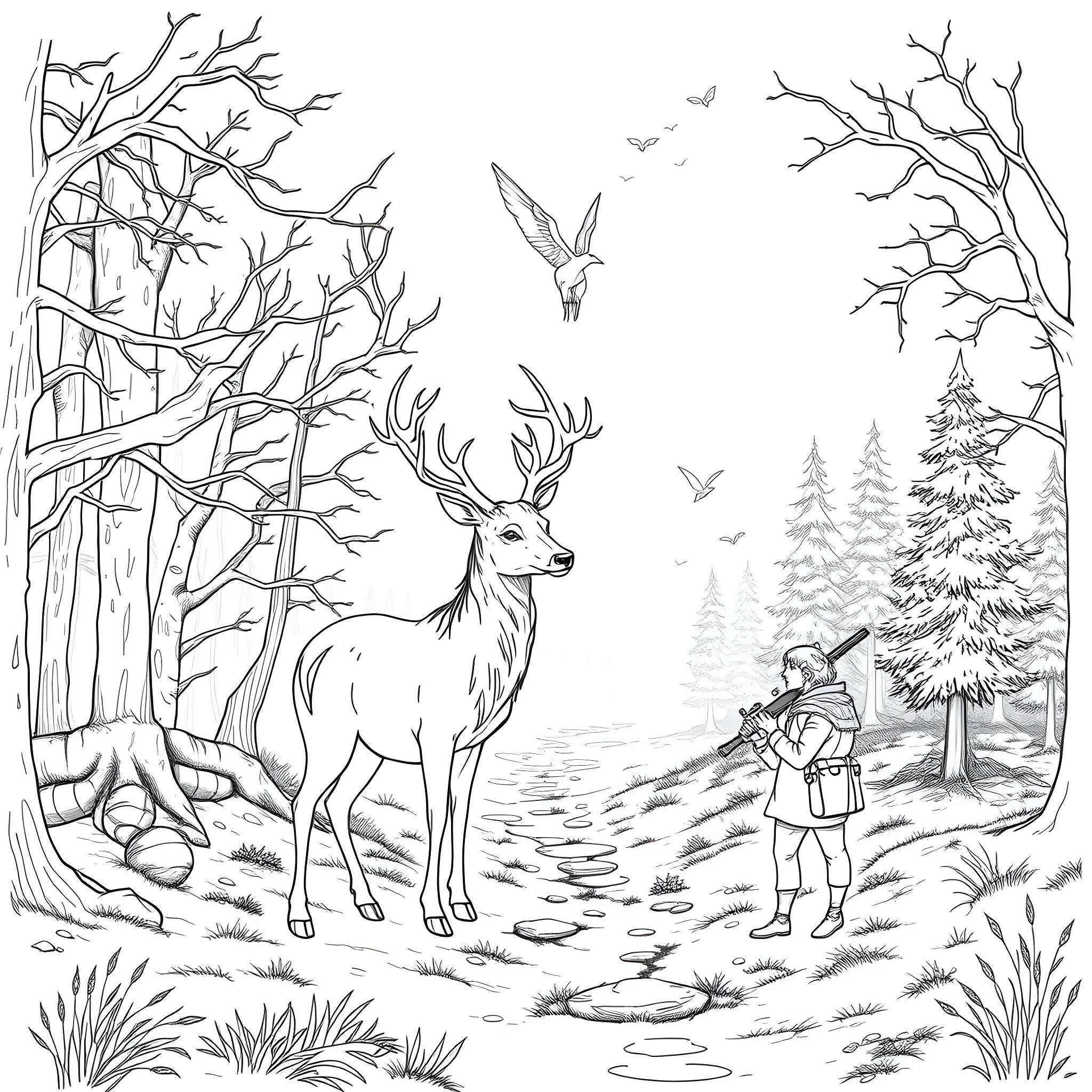Deer in the Tranquil Winter Wonderland Coloring Page (free black-and-white line drawing printable PDF for all, from beginners to advanced learners, including children, teens, adults, and seniors)