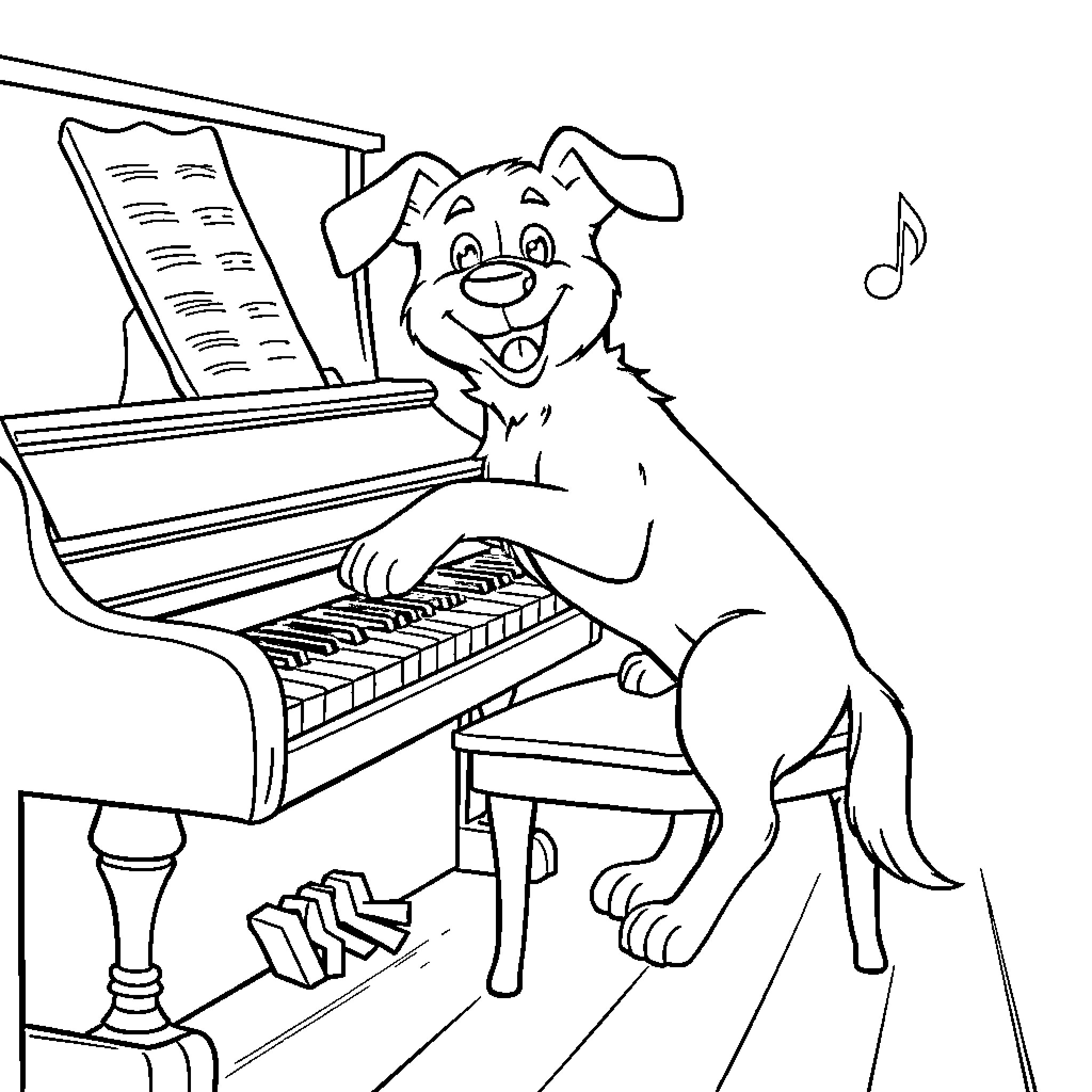 Dog playing cheerfully on a piano Coloring Page (free black-and-white line drawing printable PDF for all, from beginners to advanced learners, including children, teens, adults, and seniors)