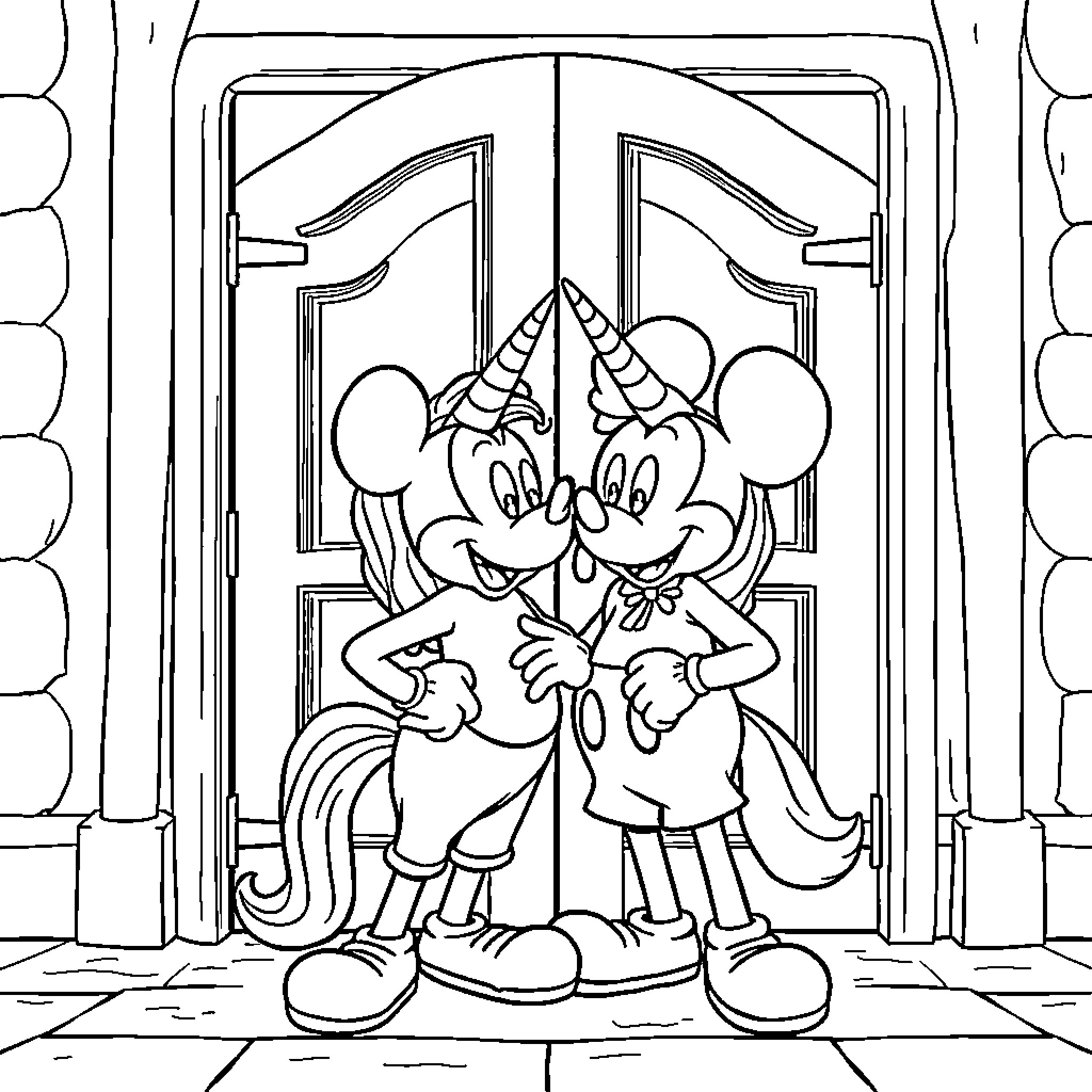 Unicorn friends in festive celebration Coloring Page (free black-and-white line drawing printable PDF for all, from beginners to advanced learners, including children, teens, adults, and seniors)