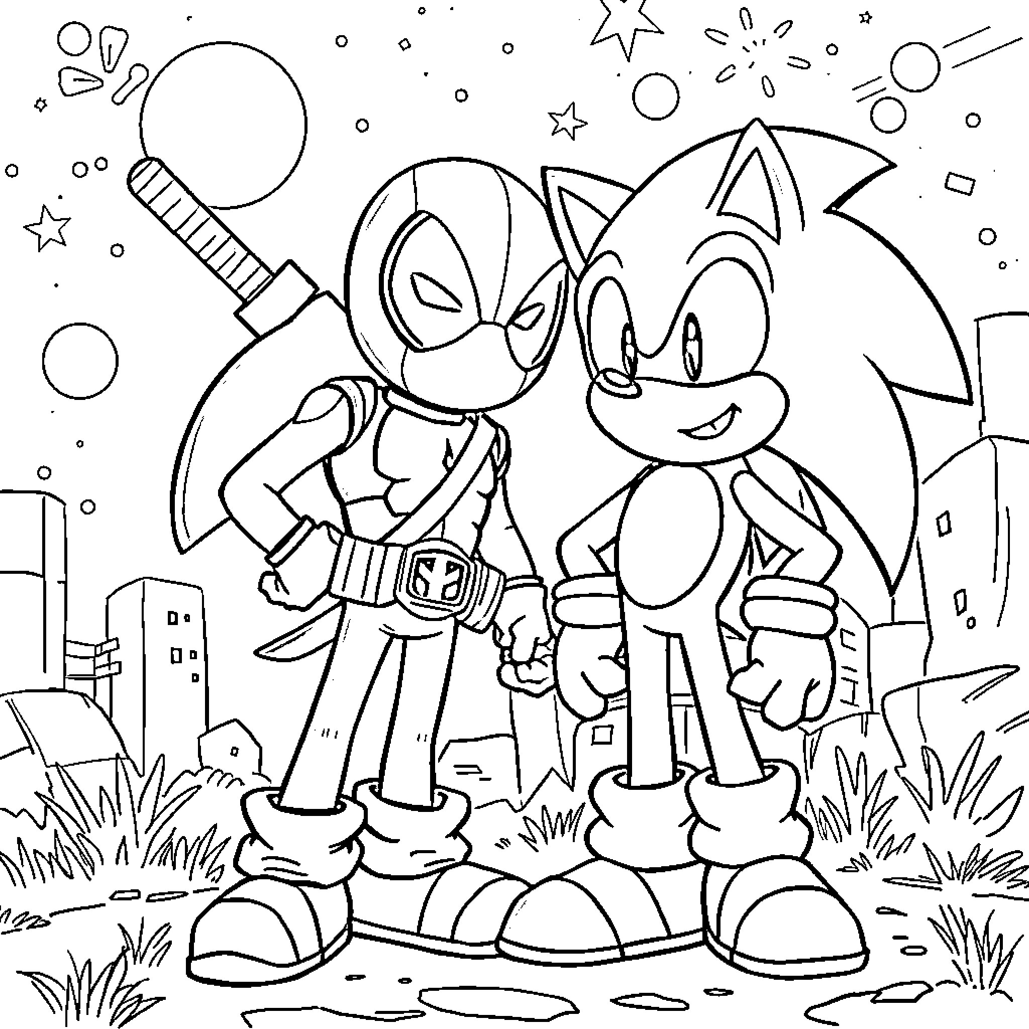 Sonic and friend on an exciting adventure Coloring Page (free black-and-white line drawing printable PDF for all, from beginners to advanced learners, including children, teens, adults, and seniors)