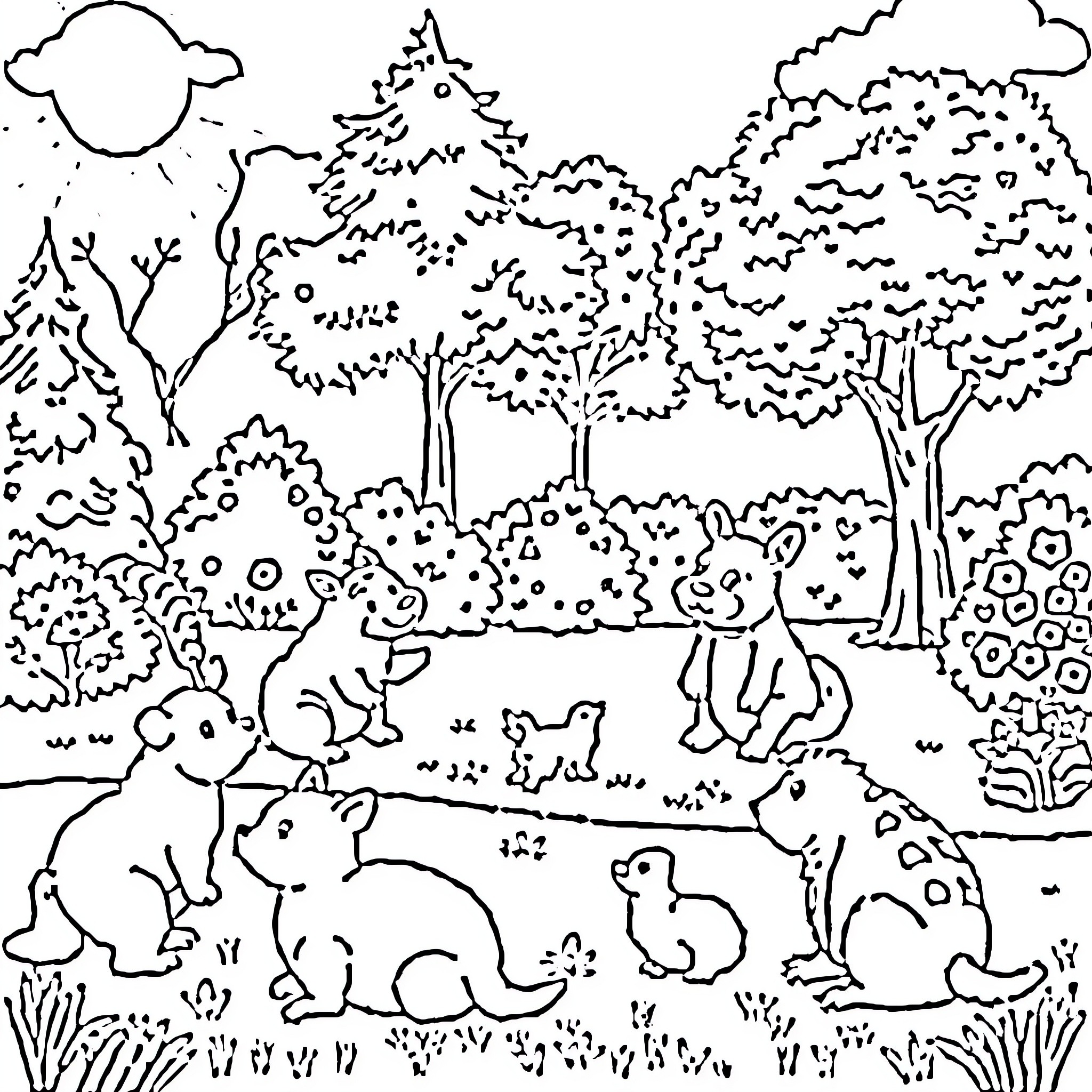 Animal friends playing in nature Coloring Page (free black-and-white line drawing printable PDF for all, from beginners to advanced learners, including children, teens, adults, and seniors)