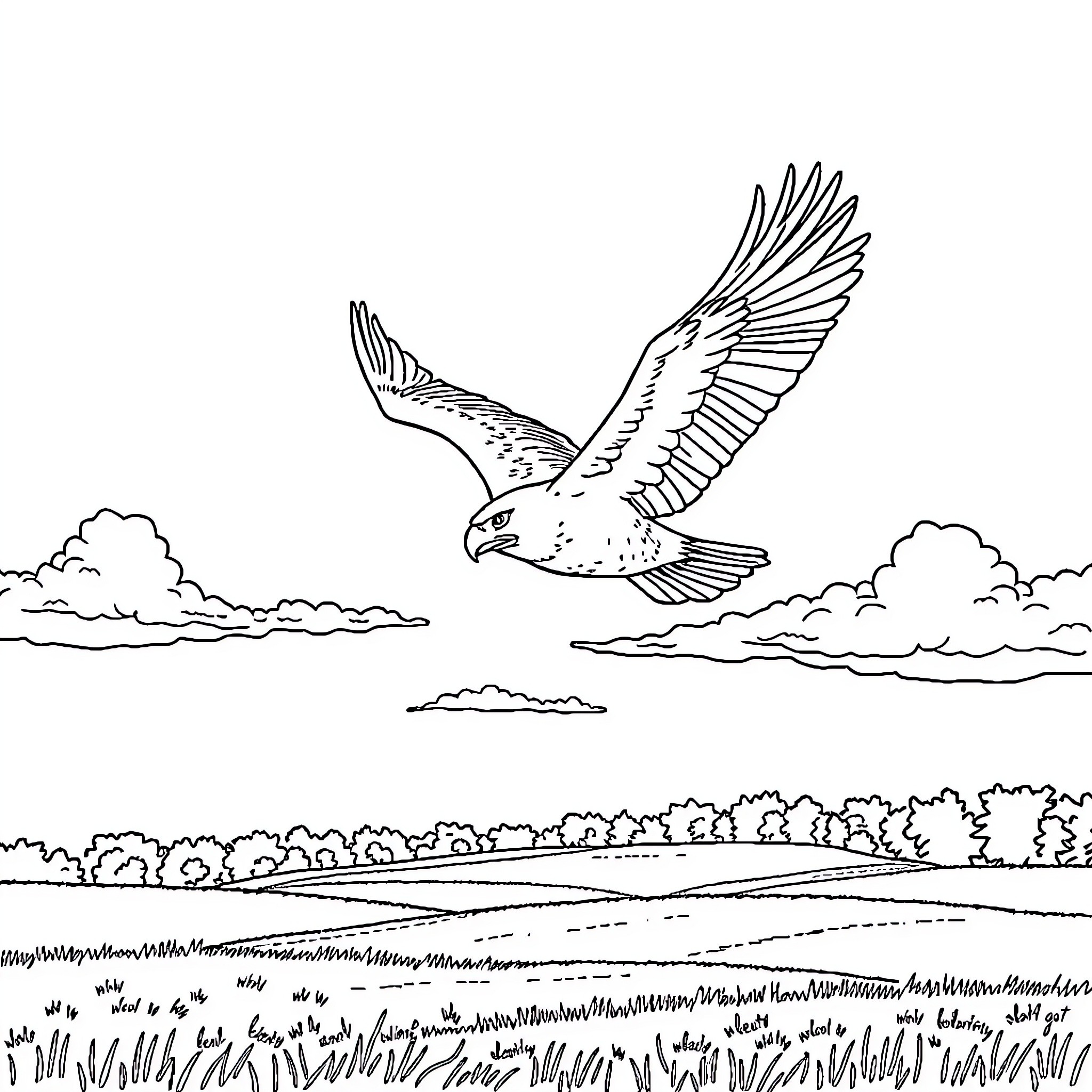 Eagle soaring majestically over the landscape Coloring Page (free black-and-white line drawing printable PDF for all, from beginners to advanced learners, including children, teens, adults, and seniors)