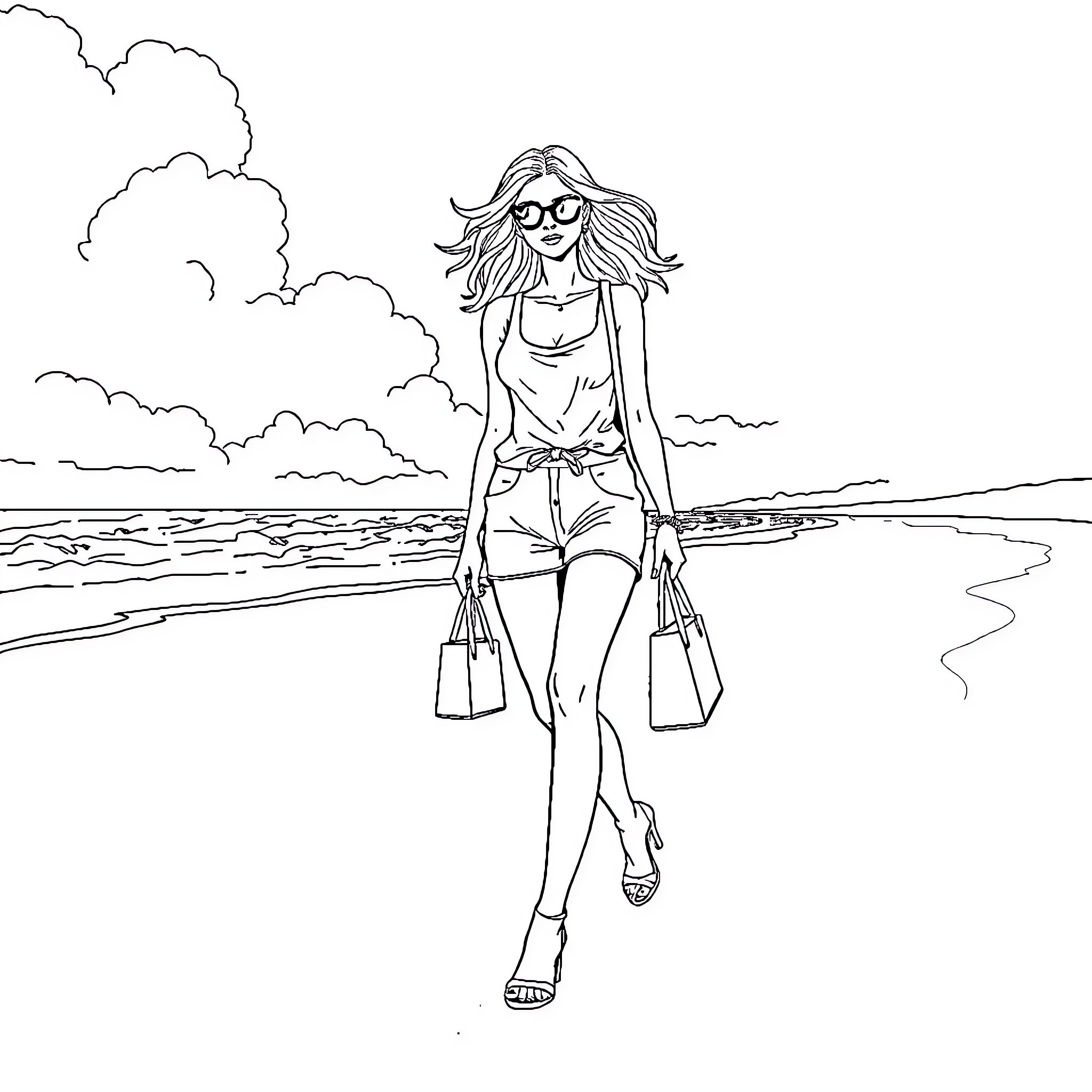 Girl strolling with shopping bags on the beach Coloring Page (free black-and-white line drawing printable PDF for all, from beginners to advanced learners, including children, teens, adults, and seniors)