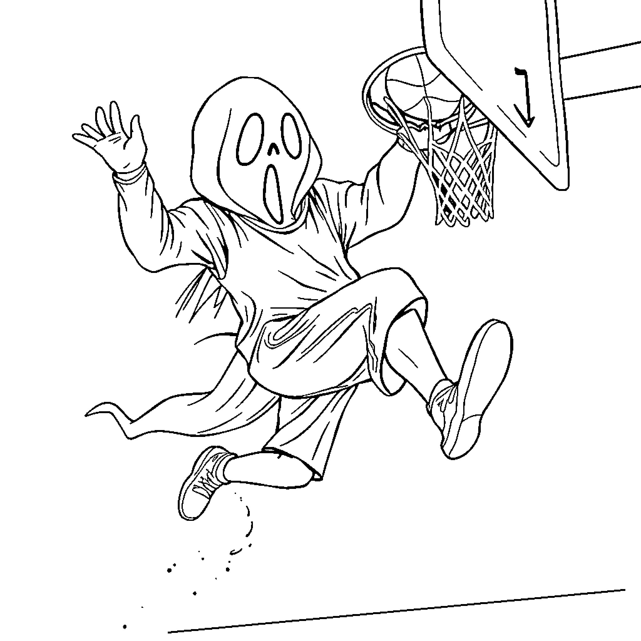 Ghostface playing basketball in spooky arena Coloring Page (free black-and-white line drawing printable PDF for all, from beginners to advanced learners, including children, teens, adults, and seniors)