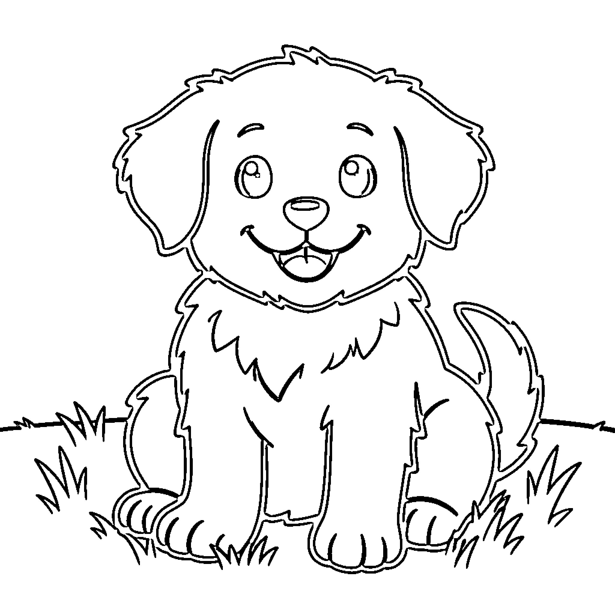 Puppy sitting happily in the grass Coloring Page (free black-and-white line drawing printable PDF for all, from beginners to advanced learners, including children, teens, adults, and seniors)