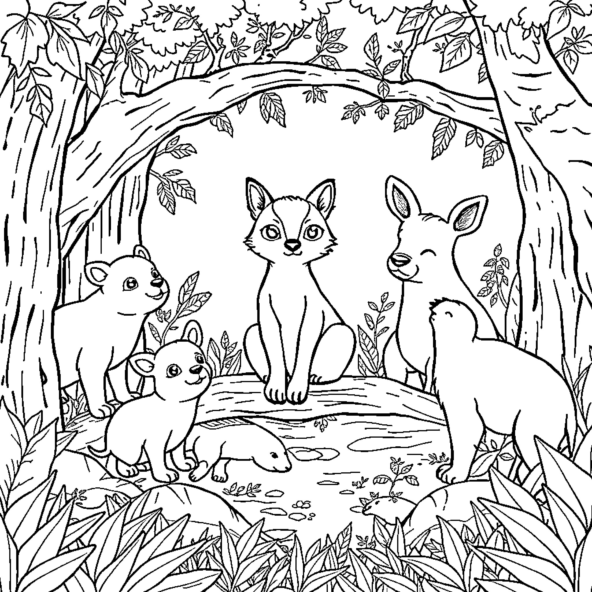 Hares gathered in a forest glade Coloring Page (free black-and-white line drawing printable PDF for all, from beginners to advanced learners, including children, teens, adults, and seniors)