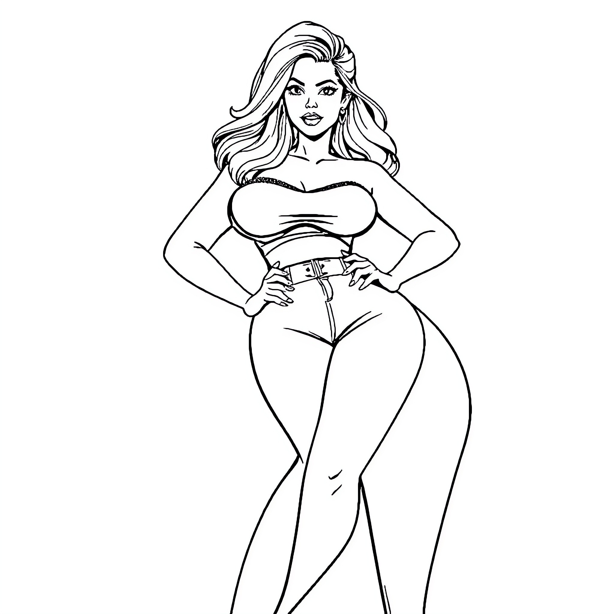 Baddie Flaunting Confident Curves in Stylish Ensemble Coloring Page (free black-and-white line drawing printable PDF for all, from beginners to advanced learners, including children, teens, adults, and seniors)