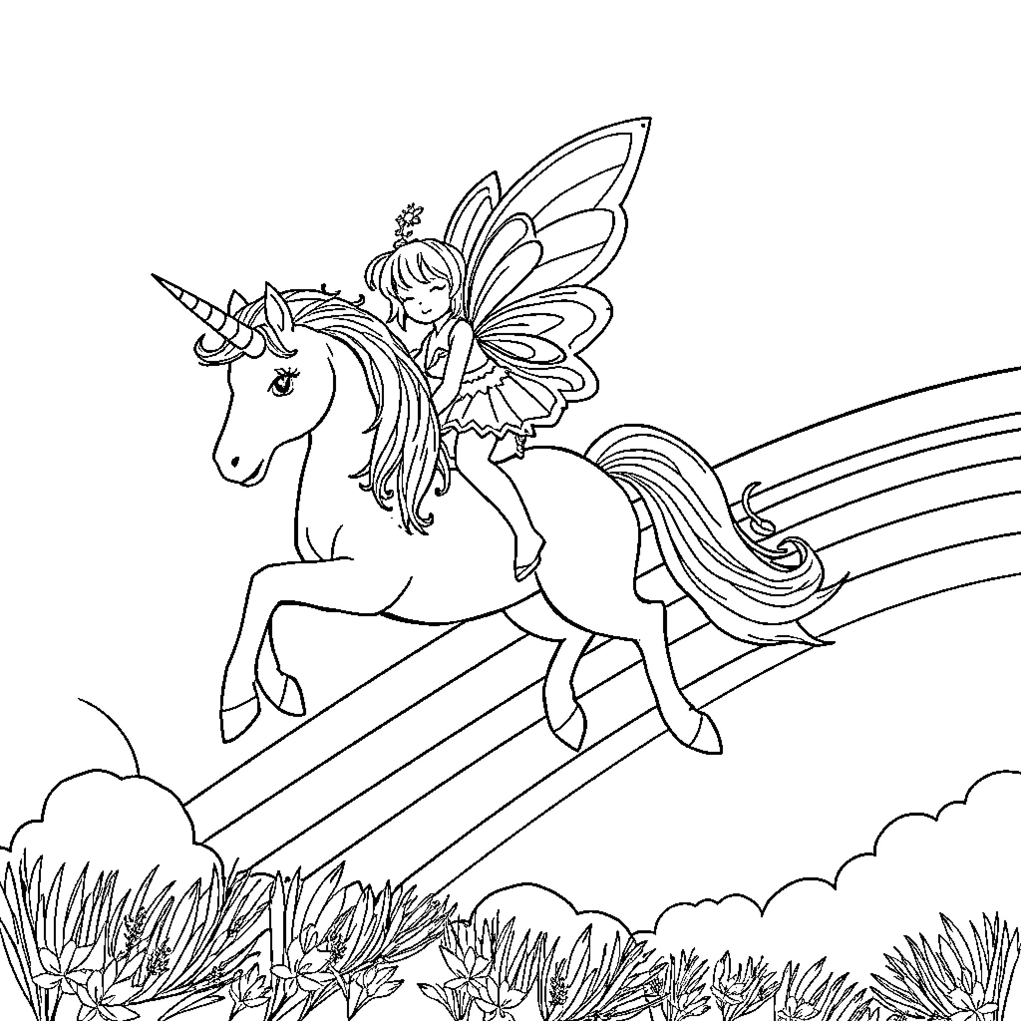 Fairy riding a magical unicorn through the clouds Coloring Page (free black-and-white line drawing printable PDF for all, from beginners to advanced learners, including children, teens, adults, and seniors)
