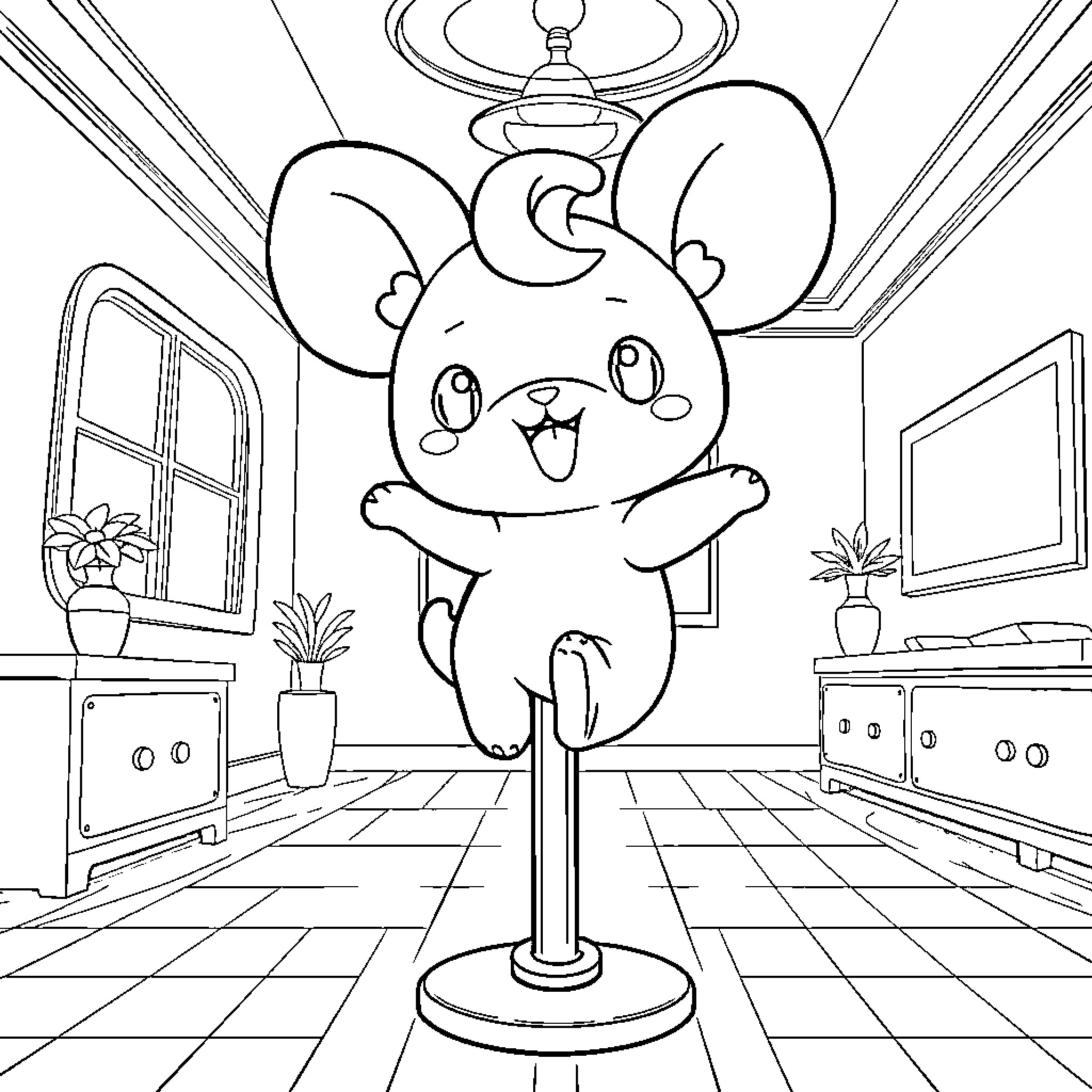 Cinnamoroll performing on stage happily Coloring Page (free black-and-white line drawing printable PDF for all, from beginners to advanced learners, including children, teens, adults, and seniors)