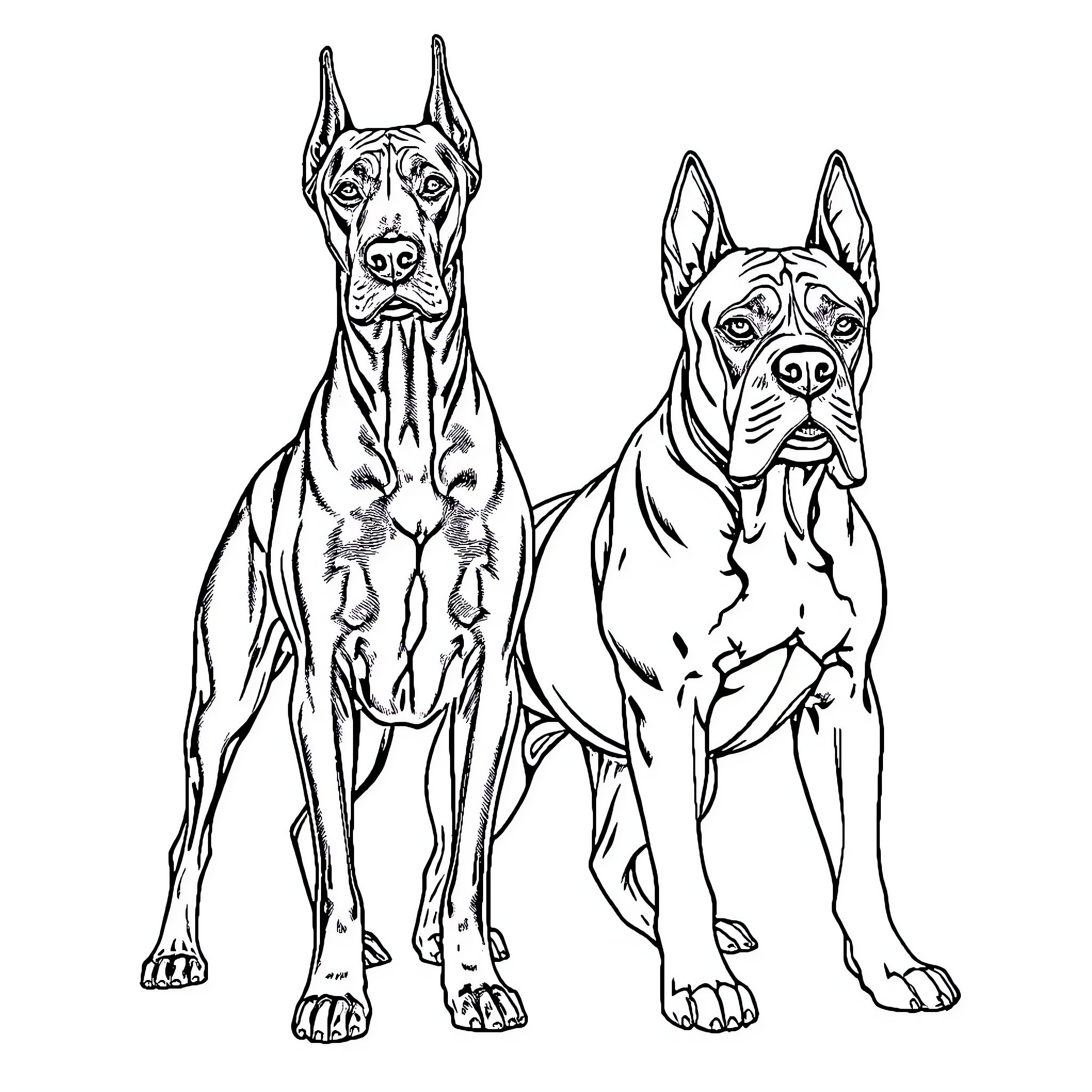 Dogs standing alert and attentive Coloring Page (free black-and-white line drawing printable PDF for all, from beginners to advanced learners, including children, teens, adults, and seniors)