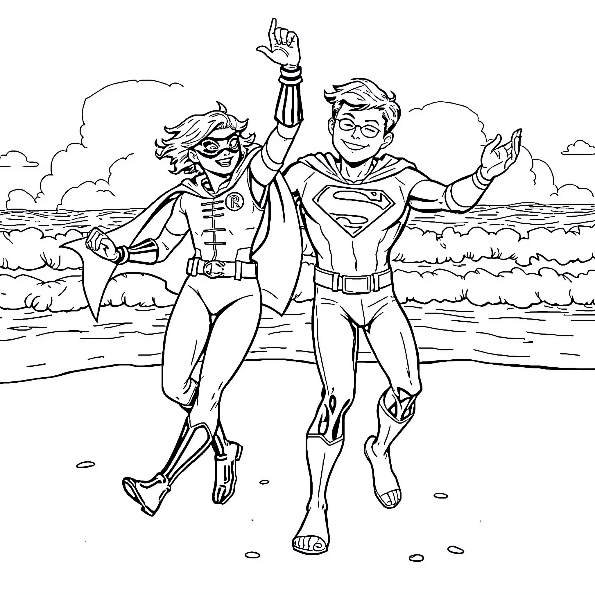 Robin and Superman posing heroically on the beach Coloring Page (free black-and-white line drawing printable PDF for all, from beginners to advanced learners, including children, teens, adults, and seniors)