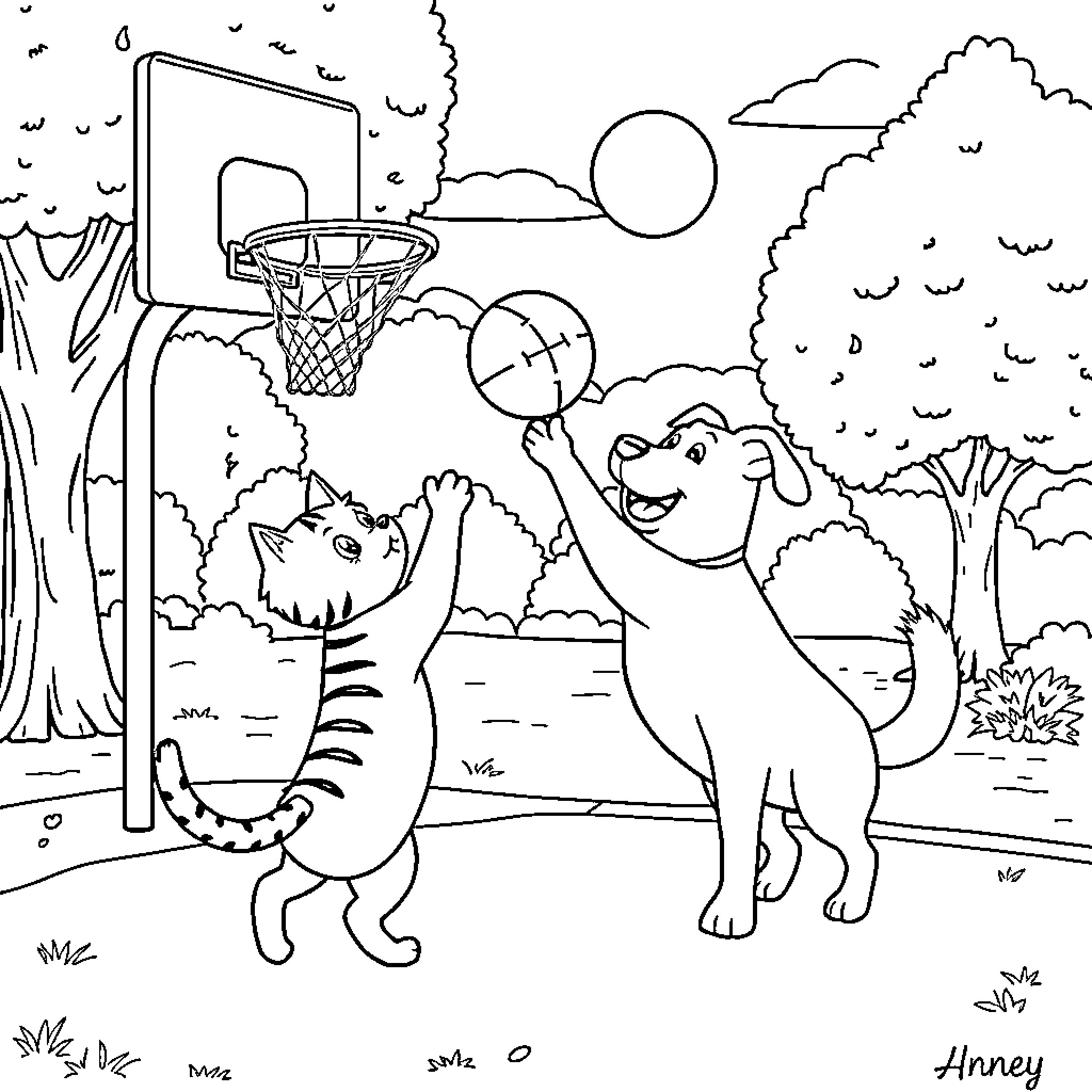 Cats playing basketball in the park Coloring Page (free black-and-white line drawing printable PDF for all, from beginners to advanced learners, including children, teens, adults, and seniors)