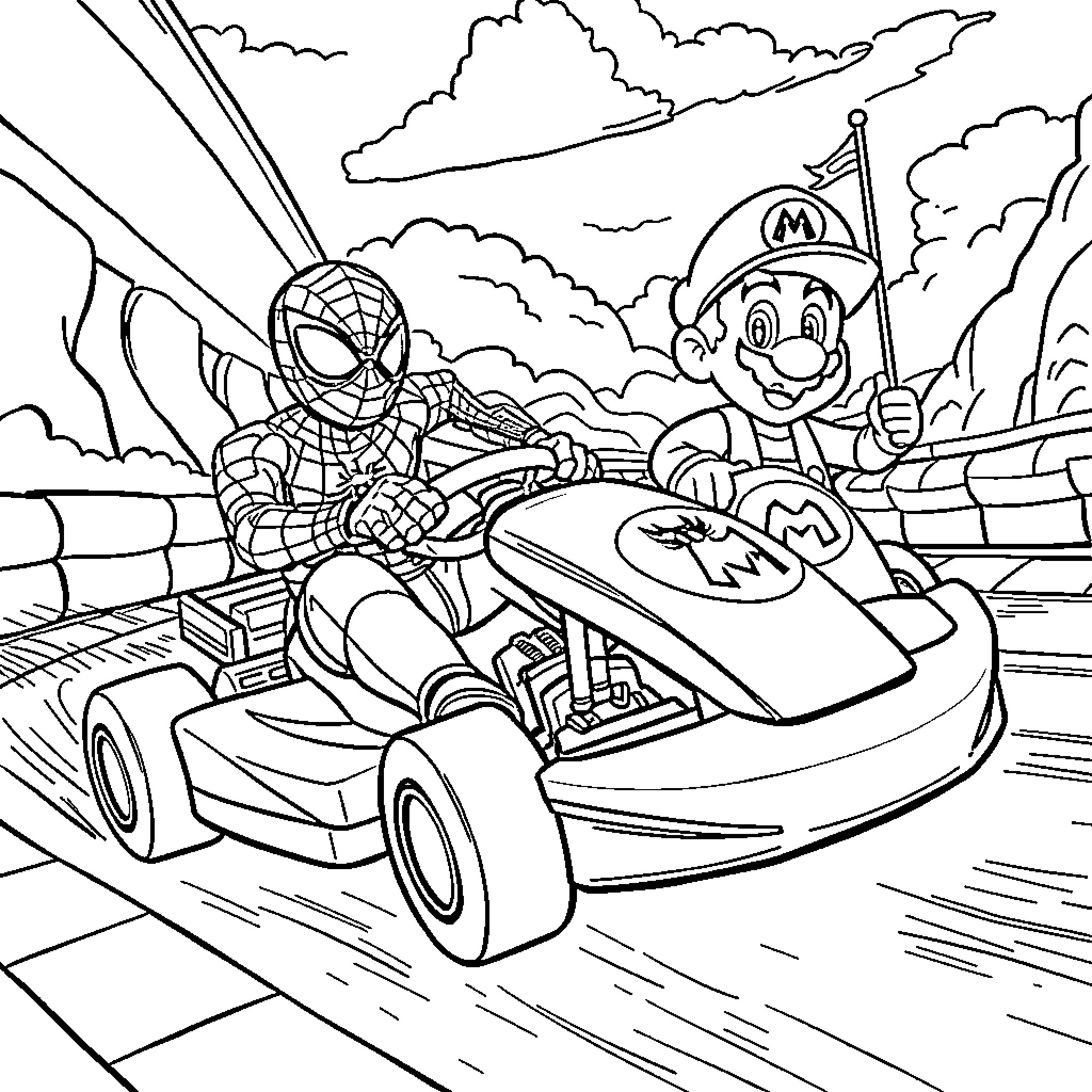 Spiderman racing with Mario in the city Coloring Page (free black-and-white line drawing printable PDF for all, from beginners to advanced learners, including children, teens, adults, and seniors)