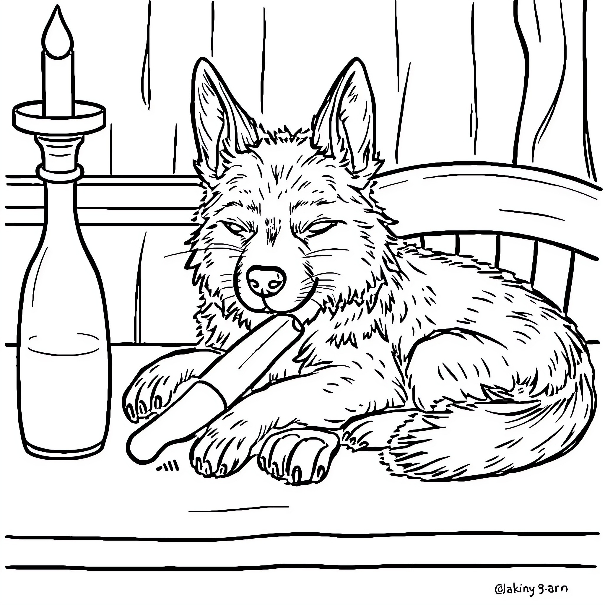Perro relaxing by the fireplace Coloring Page (free black-and-white line drawing printable PDF for all, from beginners to advanced learners, including children, teens, adults, and seniors)