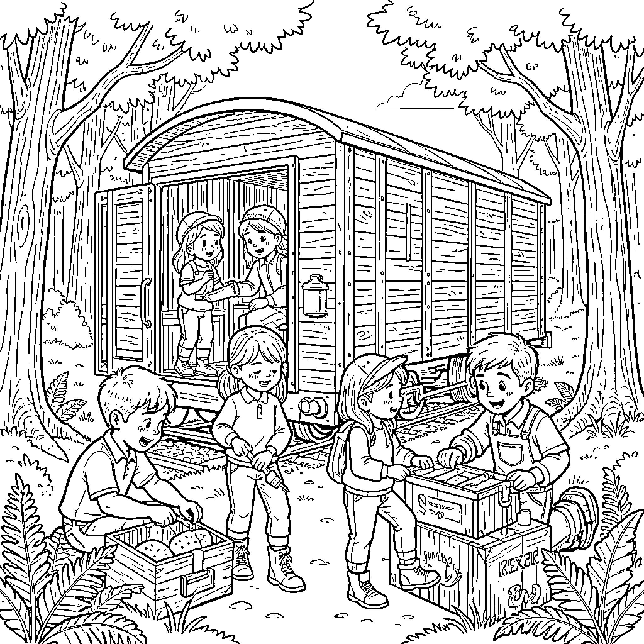 Boxcar Children exploring and playing near a train car Coloring Page (free black-and-white line drawing printable PDF for all, from beginners to advanced learners, including children, teens, adults, and seniors)