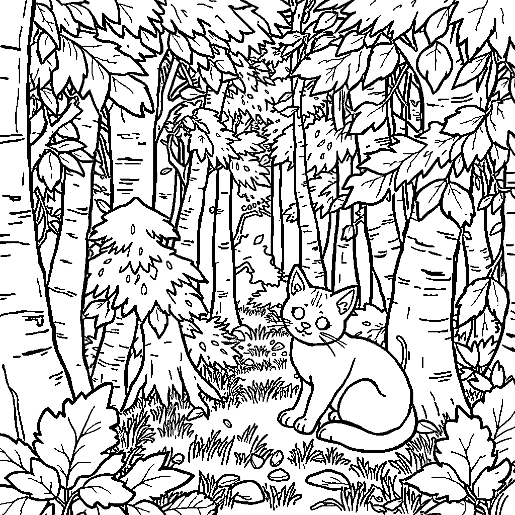 Cat-Dog Interacting in Enchanted Forest Coloring Page (free black-and-white line drawing printable PDF for all, from beginners to advanced learners, including children, teens, adults, and seniors)