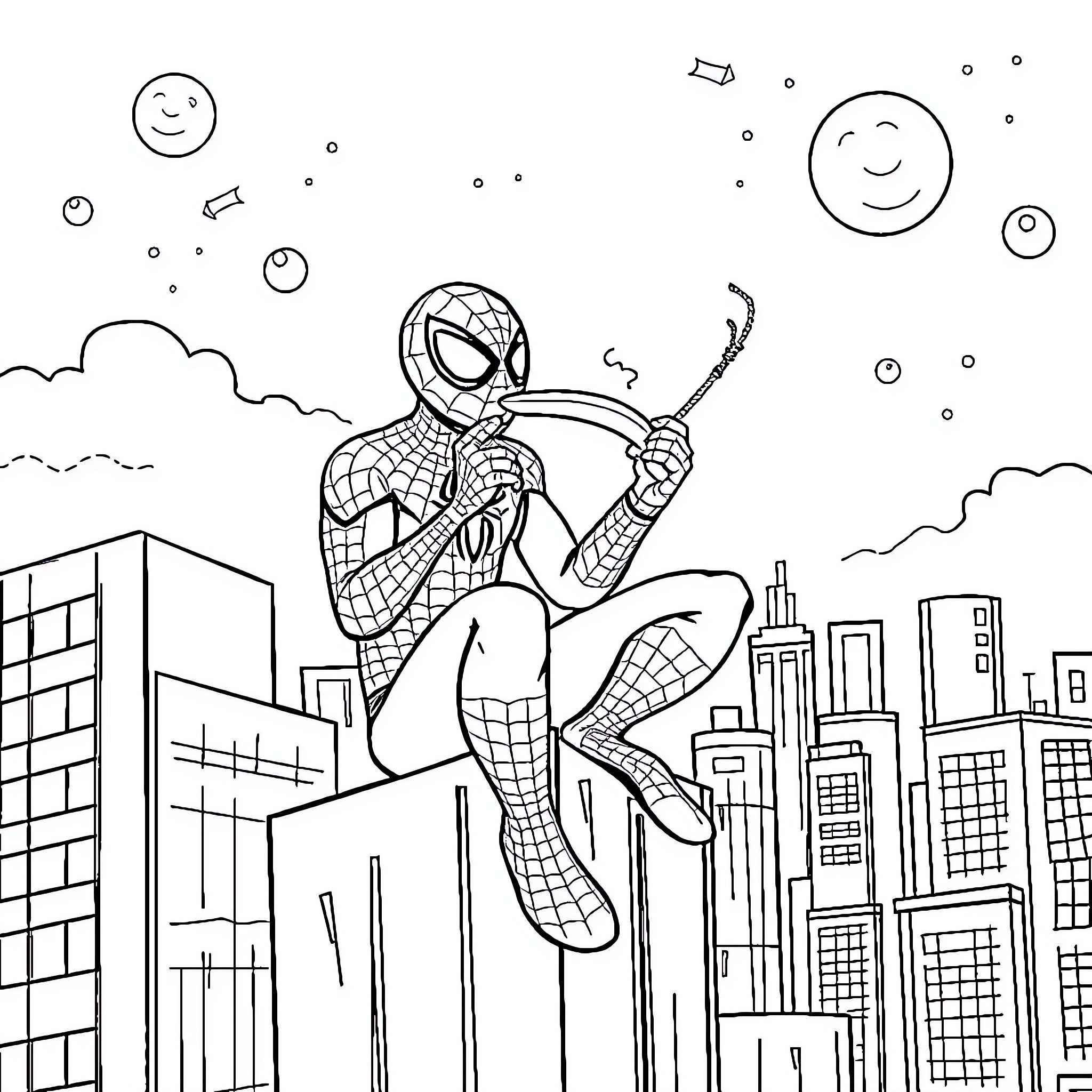 Spiderman swinging through the city skyline Coloring Page (free black-and-white line drawing printable PDF for all, from beginners to advanced learners, including children, teens, adults, and seniors)