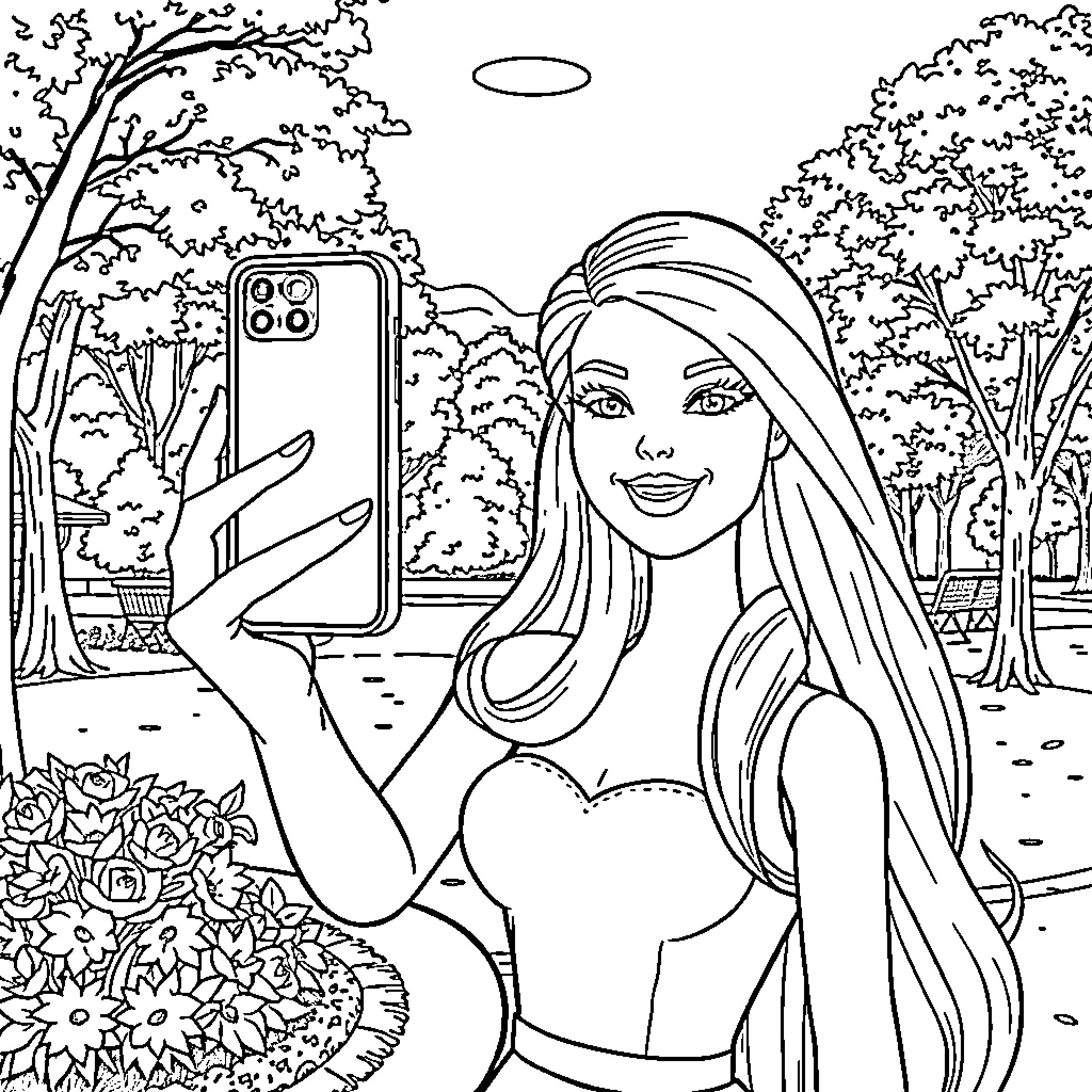 Barbie Takes a Selfie in Nature Coloring Page (free black-and-white line drawing printable PDF for all, from beginners to advanced learners, including children, teens, adults, and seniors)