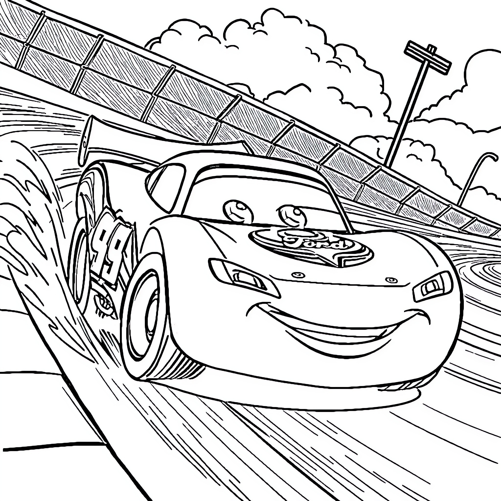 Flash McQueen speeding through a race track Coloring Page (free black-and-white line drawing printable PDF for all, from beginners to advanced learners, including children, teens, adults, and seniors)