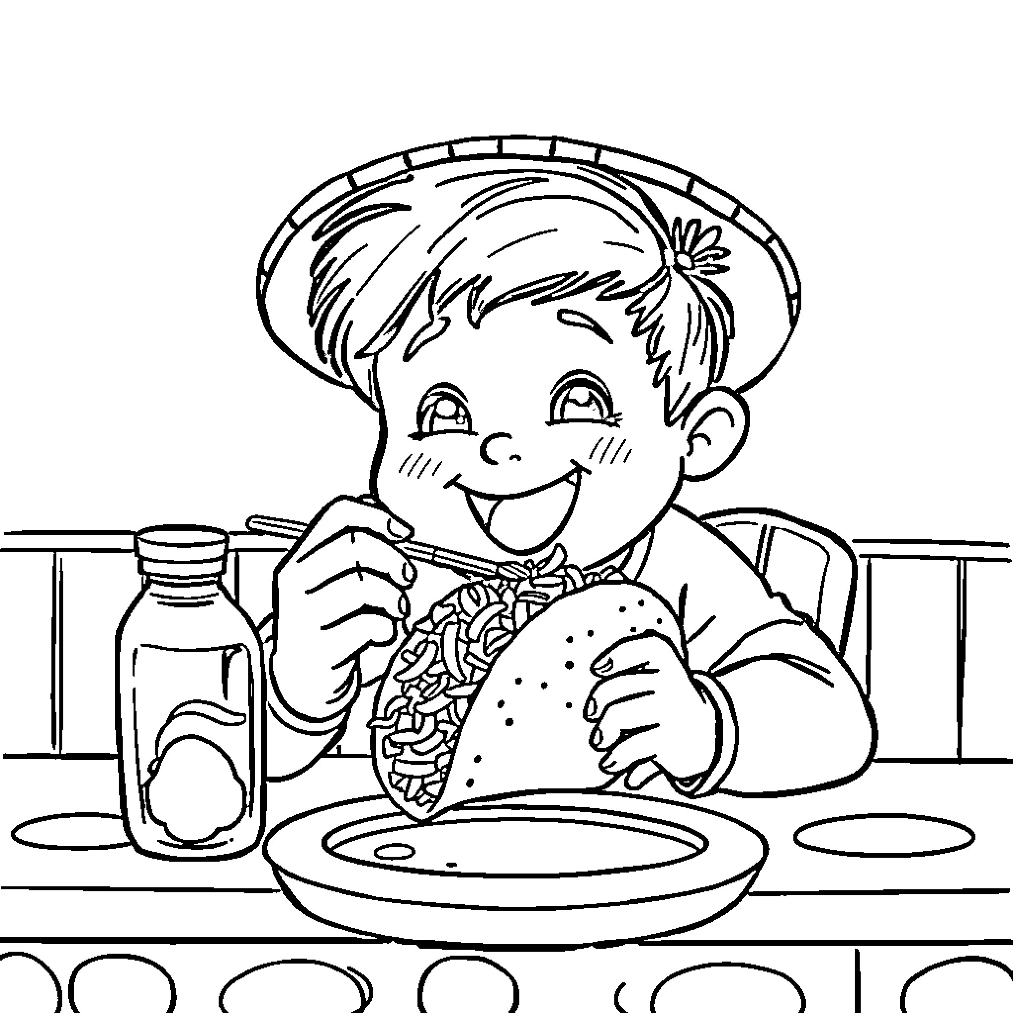 Teen Happily Eating Meal at Kitchen Table Coloring Page (free black-and-white line drawing printable PDF for all, from beginners to advanced learners, including children, teens, adults, and seniors)
