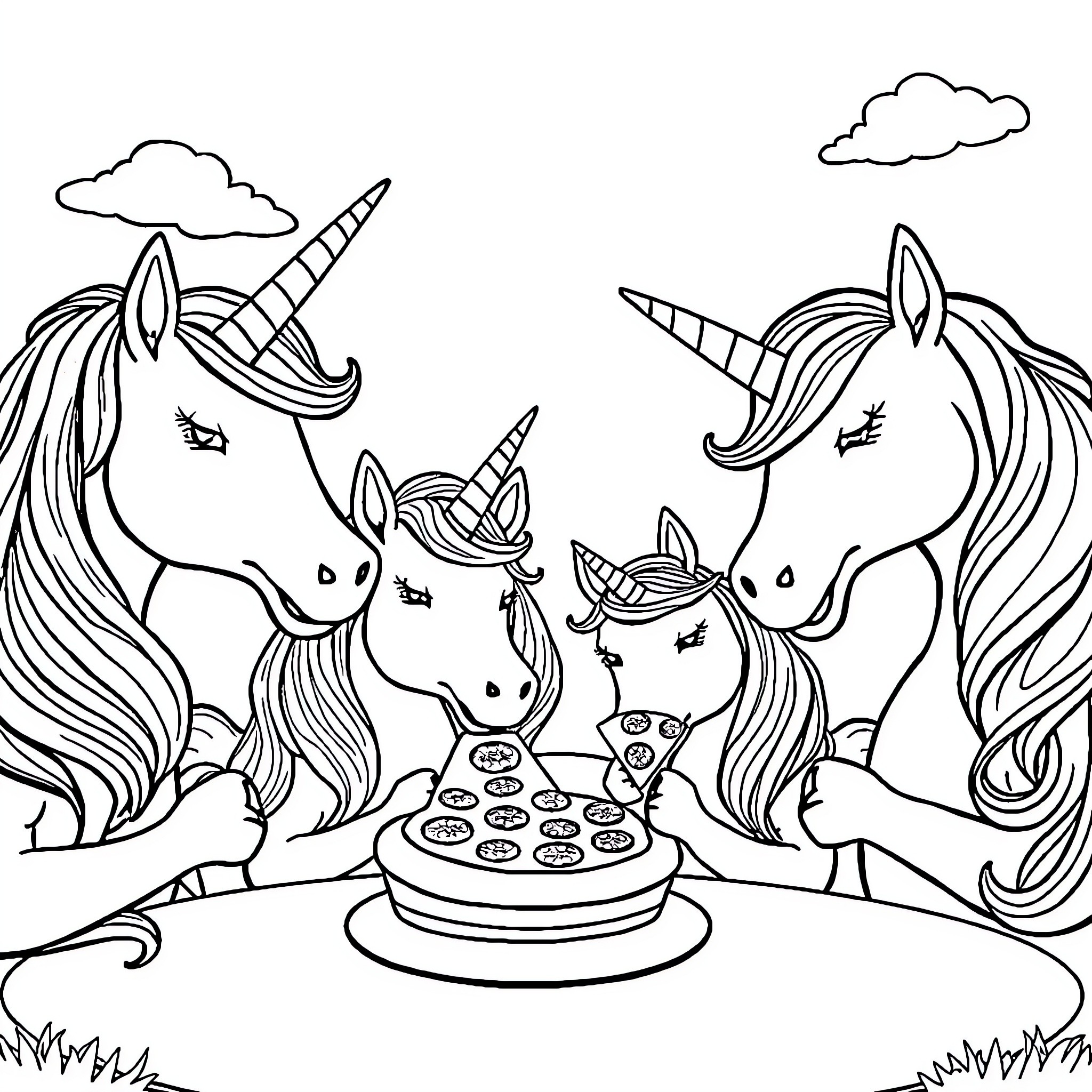 Unicorns enjoying a magical picnic together Coloring Page (free black-and-white line drawing printable PDF for all, from beginners to advanced learners, including children, teens, adults, and seniors)