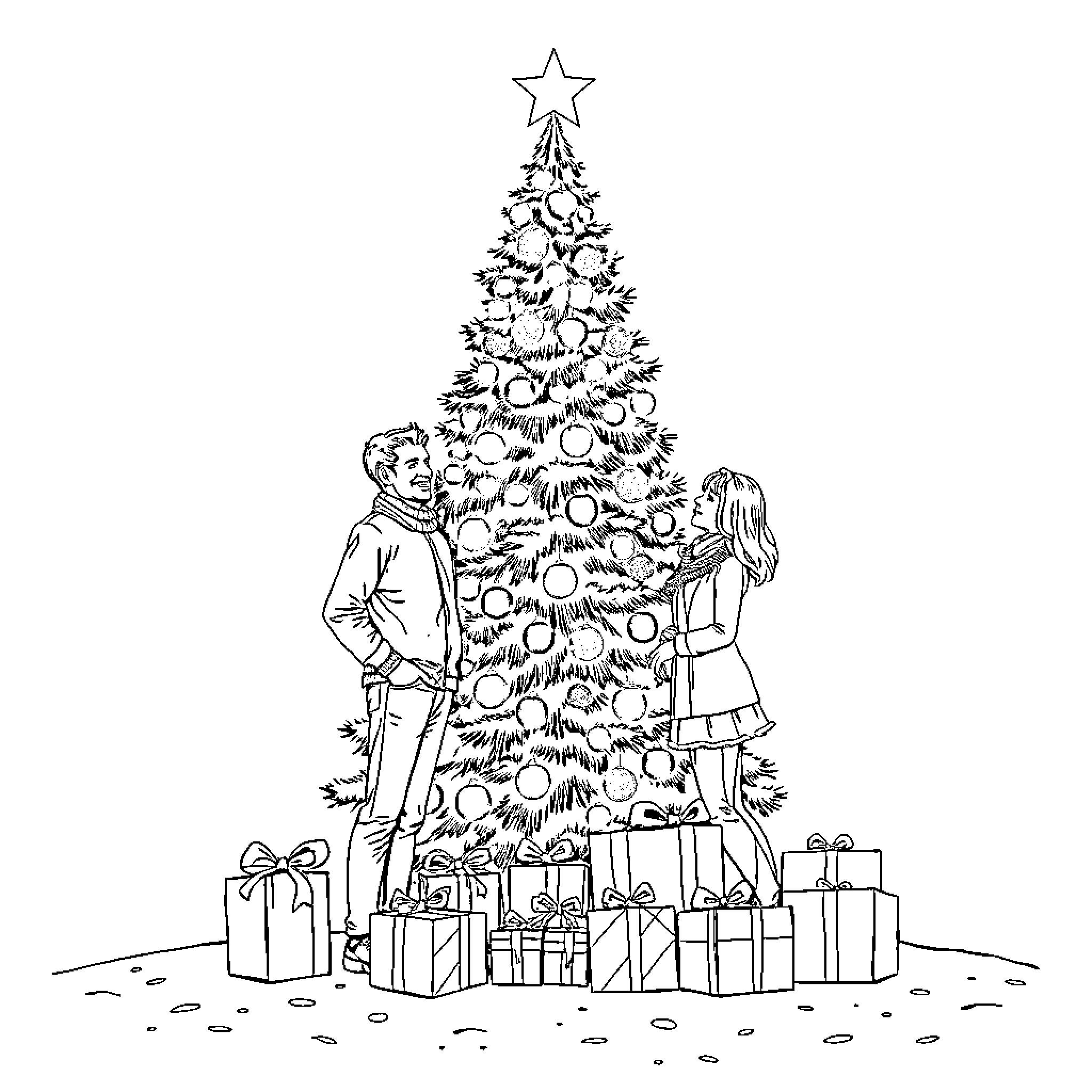 Christmas Tree Decorating with Family Coloring Page (free black-and-white line drawing printable PDF for all, from beginners to advanced learners, including children, teens, adults, and seniors)