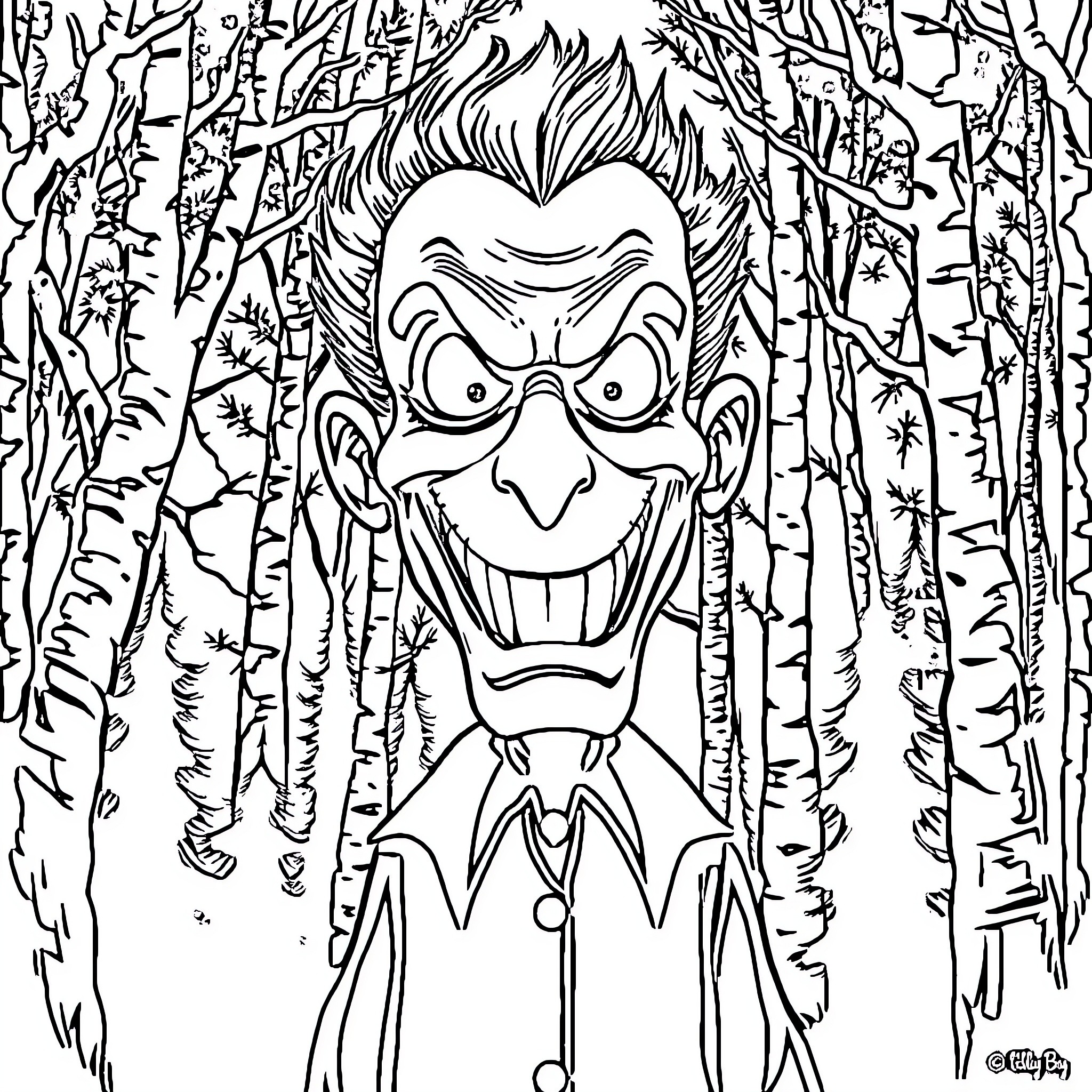 Bob's Mischievous Adventures in the Forest Coloring Page (free black-and-white line drawing printable PDF for all, from beginners to advanced learners, including children, teens, adults, and seniors)