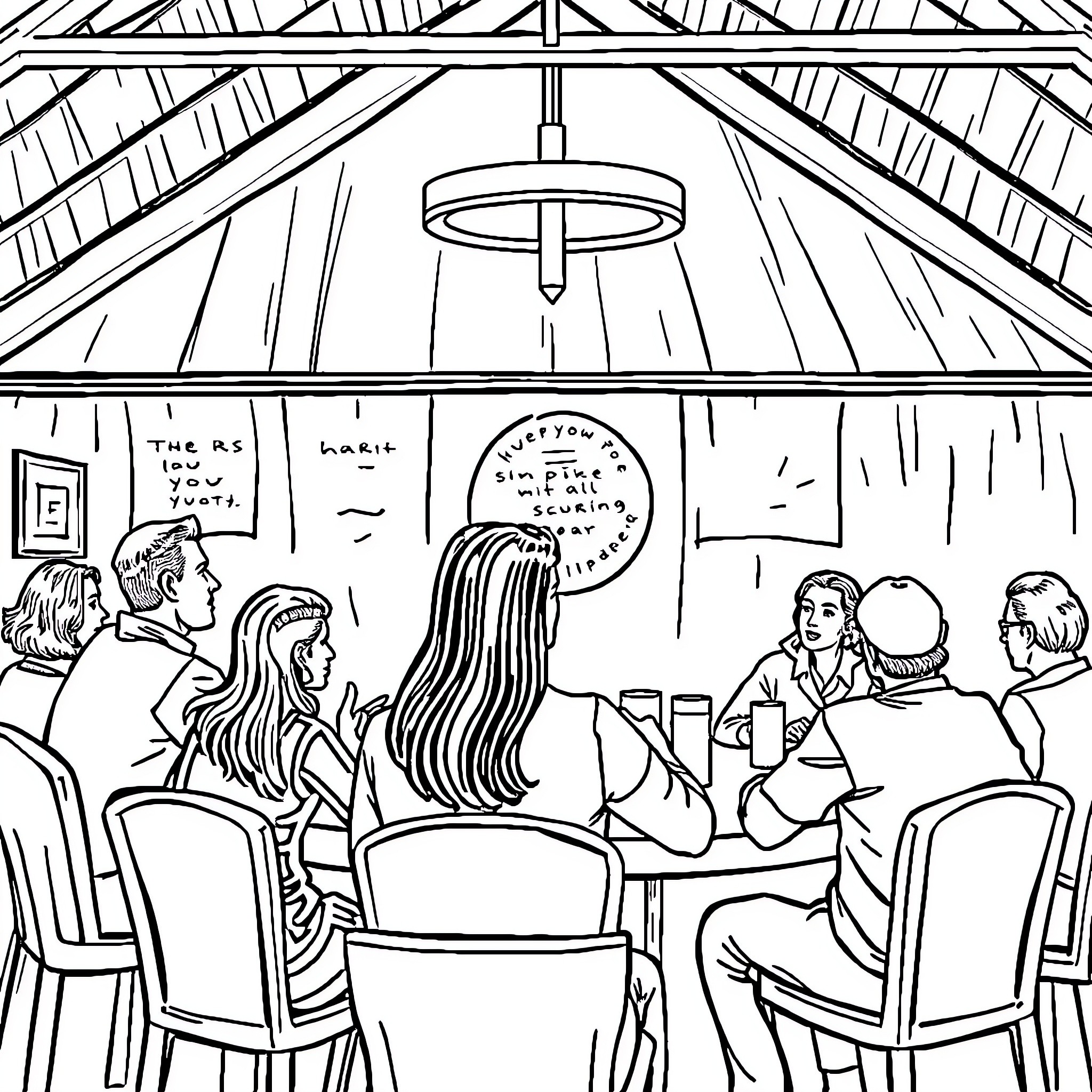Alcoholics Anonymous meeting with discussion and support Coloring Page (free black-and-white line drawing printable PDF for all, from beginners to advanced learners, including children, teens, adults, and seniors)
