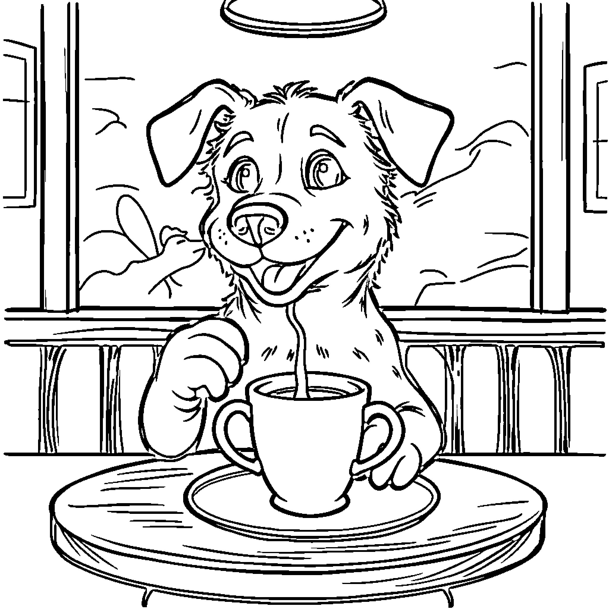Dog enjoying a warm beverage in cozy cafe Coloring Page (free black-and-white line drawing printable PDF for all, from beginners to advanced learners, including children, teens, adults, and seniors)