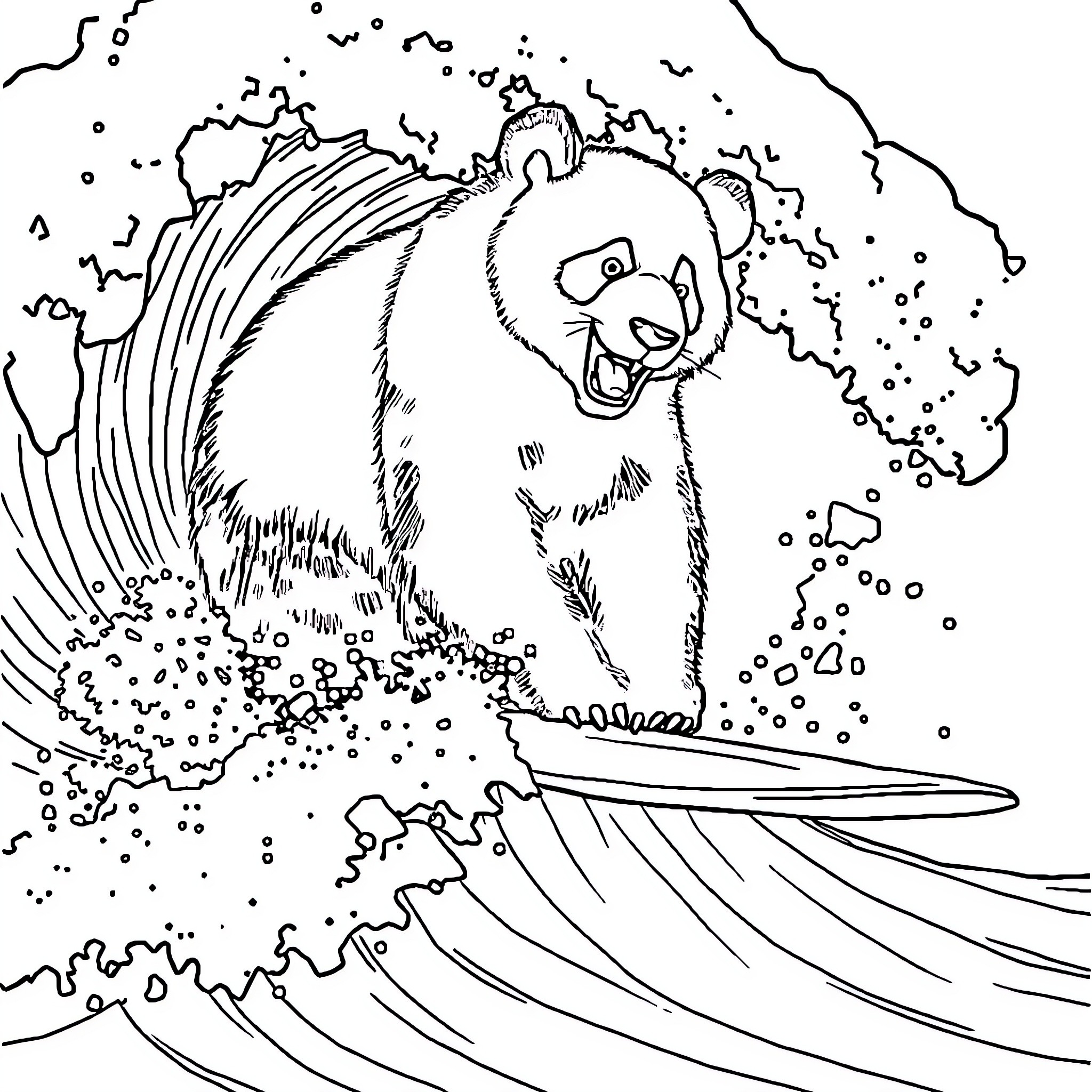 Panda surfing happily on a giant wave Coloring Page (free black-and-white line drawing printable PDF for all, from beginners to advanced learners, including children, teens, adults, and seniors)