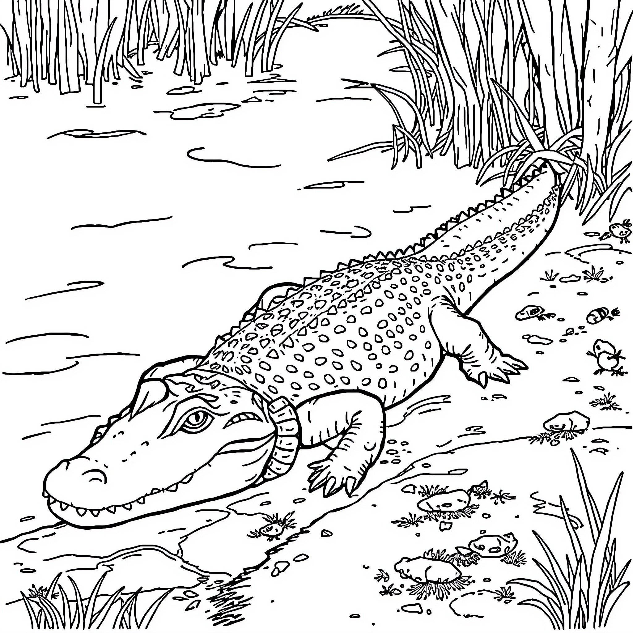 Alligator lounging in the swampy wetland Coloring Page (free black-and-white line drawing printable PDF for all, from beginners to advanced learners, including children, teens, adults, and seniors)