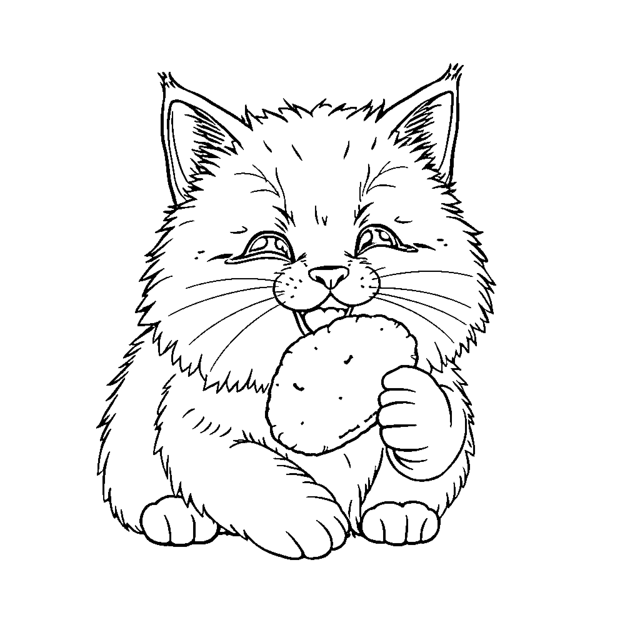 Cat Holding a Treat Playfully Coloring Page (free black-and-white line drawing printable PDF for all, from beginners to advanced learners, including children, teens, adults, and seniors)