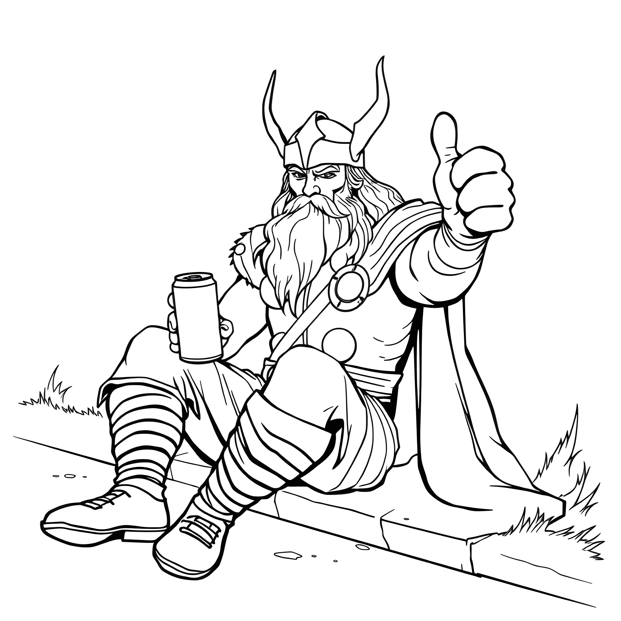 Thor Relaxing and Giving a Thumbs Up Coloring Page (free black-and-white line drawing printable PDF for all, from beginners to advanced learners, including children, teens, adults, and seniors)