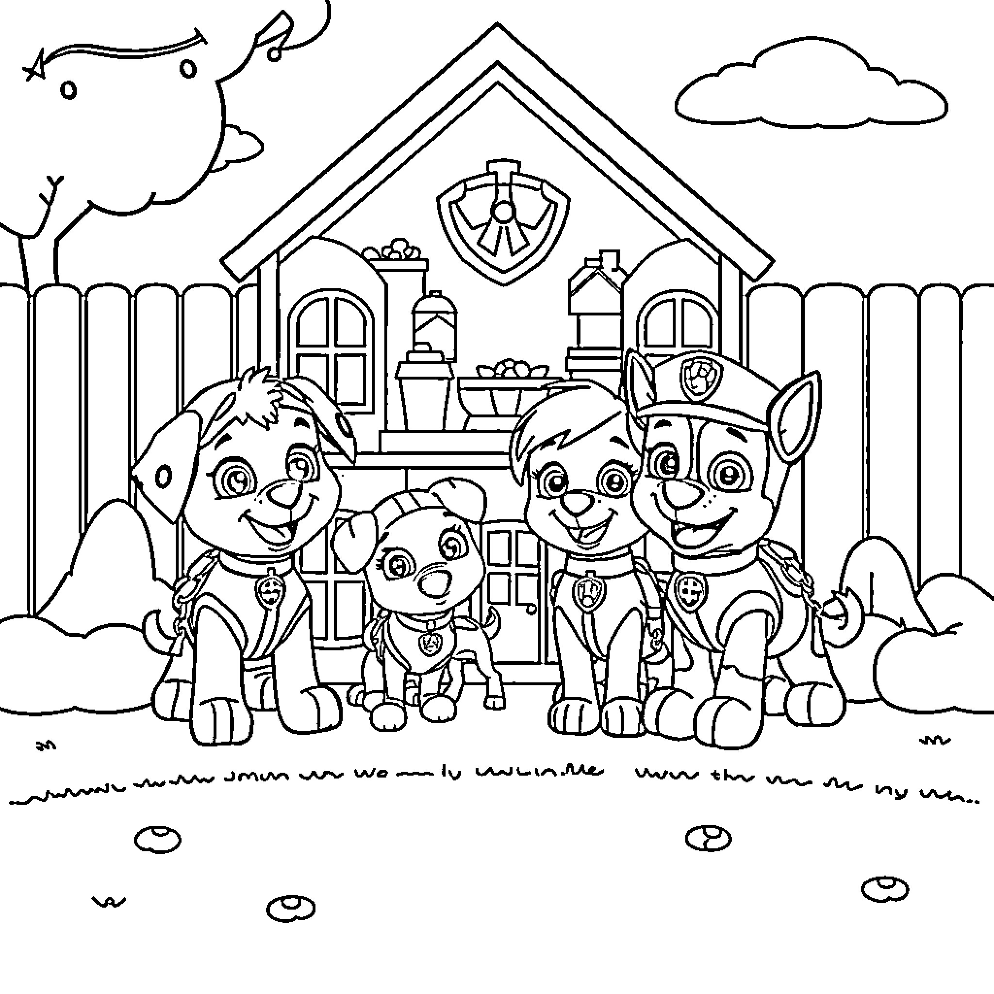 Paw Patrol team at the Lookout building Coloring Page (free black-and-white line drawing printable PDF for all, from beginners to advanced learners, including children, teens, adults, and seniors)