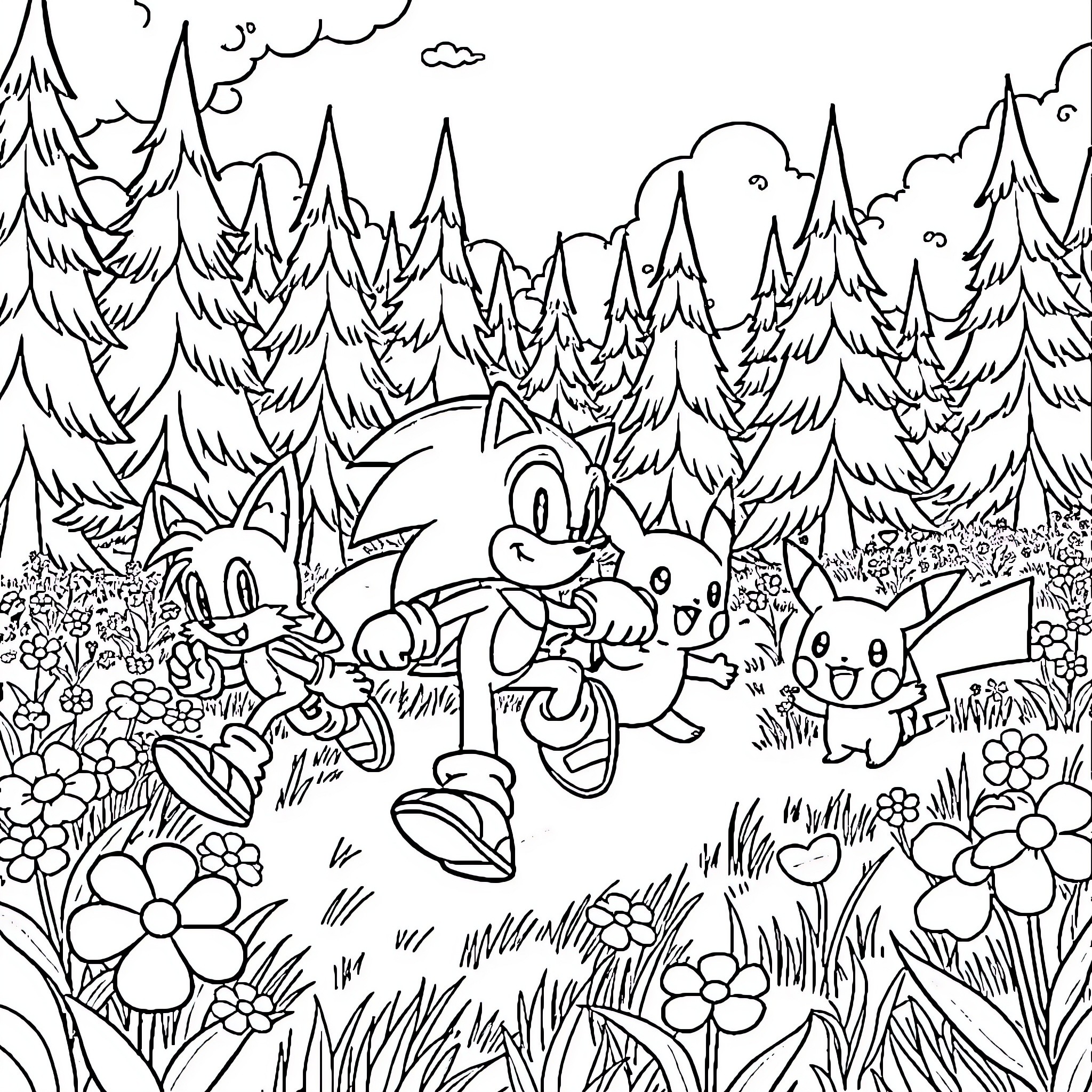Sonic and friends explore the lush forest Coloring Page (free black-and-white line drawing printable PDF for all, from beginners to advanced learners, including children, teens, adults, and seniors)