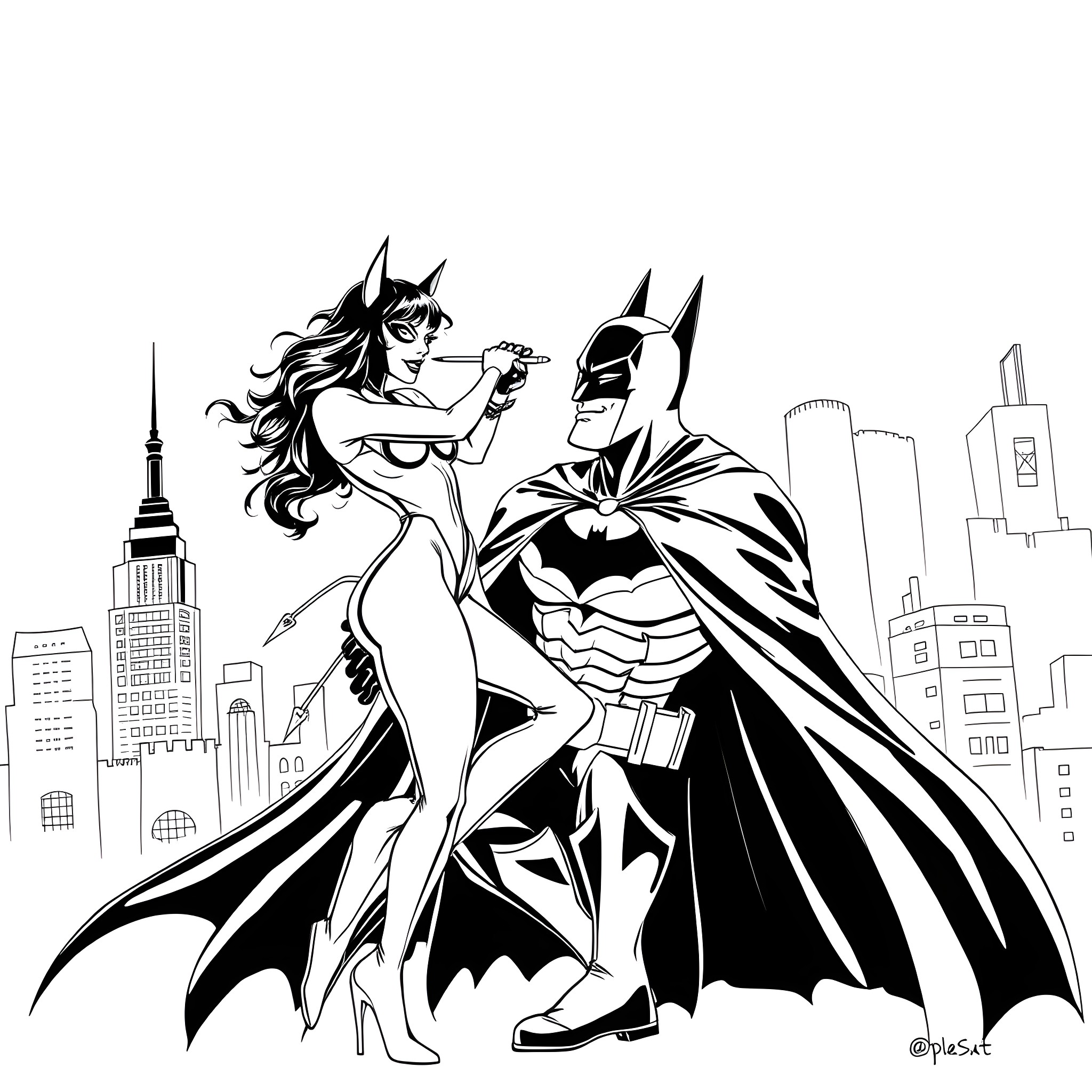 Cat Woman and Batman Battling Crime in the City Coloring Page (free black-and-white line drawing printable PDF for all, from beginners to advanced learners, including children, teens, adults, and seniors)