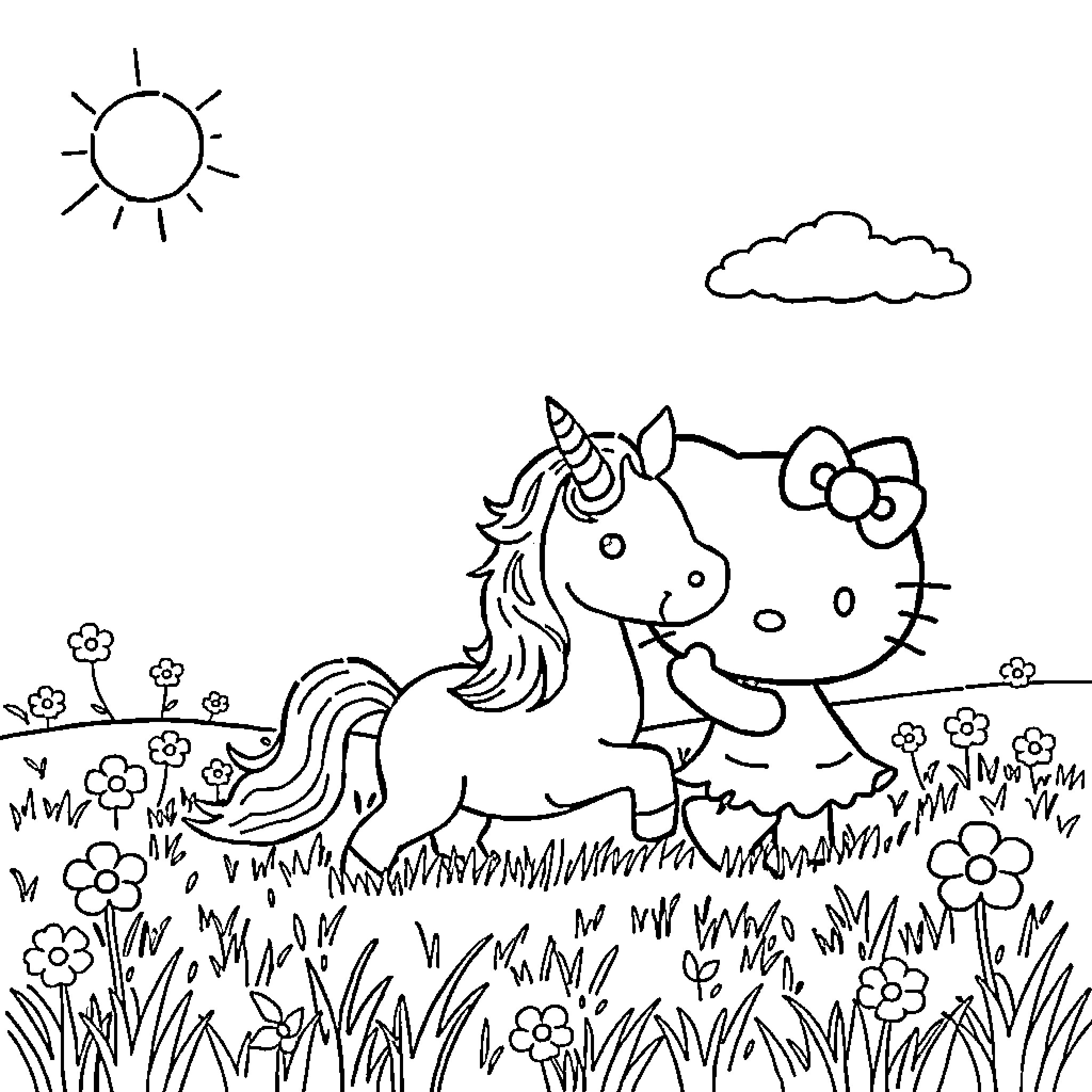 Hello Kitty playing with unicorn in a field of flowers Coloring Page (free black-and-white line drawing printable PDF for all, from beginners to advanced learners, including children, teens, adults, and seniors)