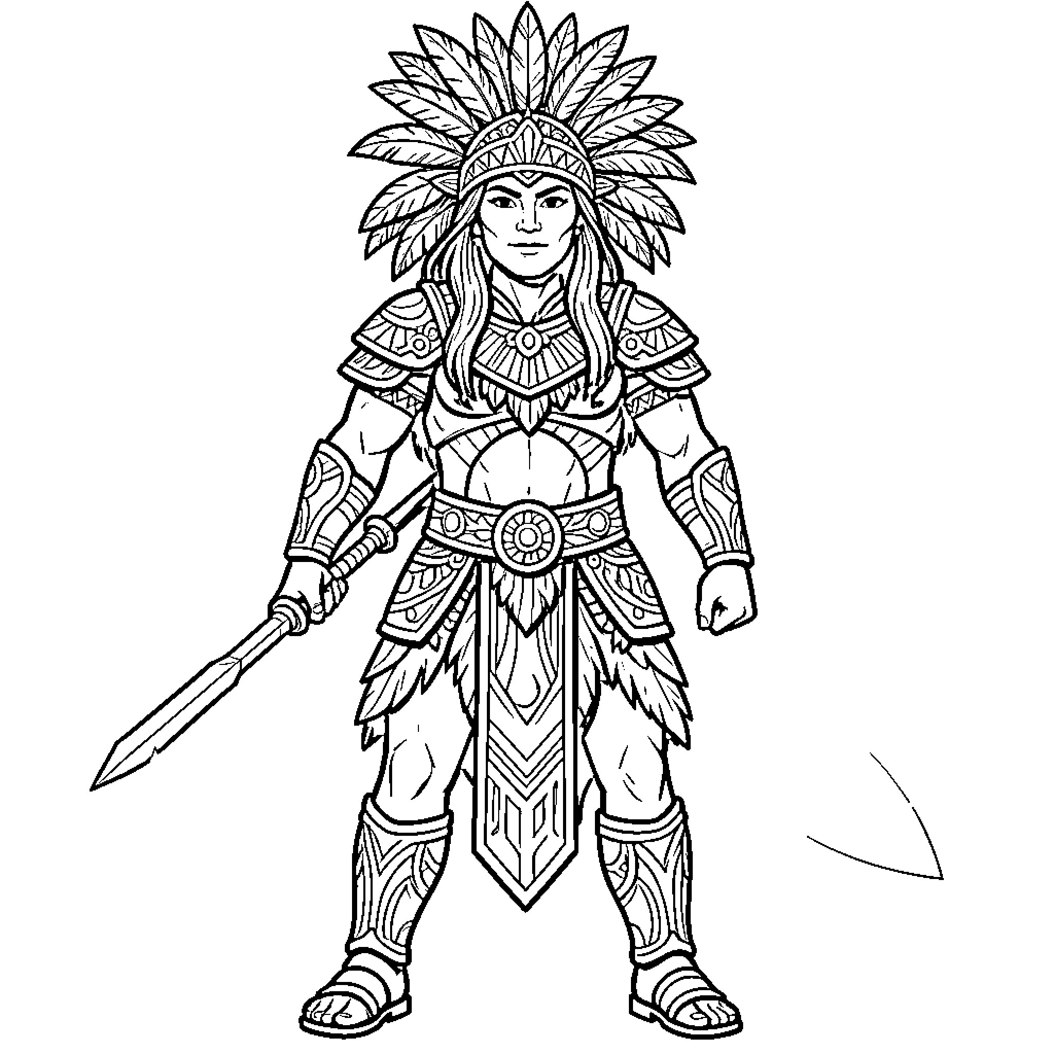 Maya Warrior standing proudly holding a ceremonial blade Coloring Page (free black-and-white line drawing printable PDF for all, from beginners to advanced learners, including children, teens, adults, and seniors)