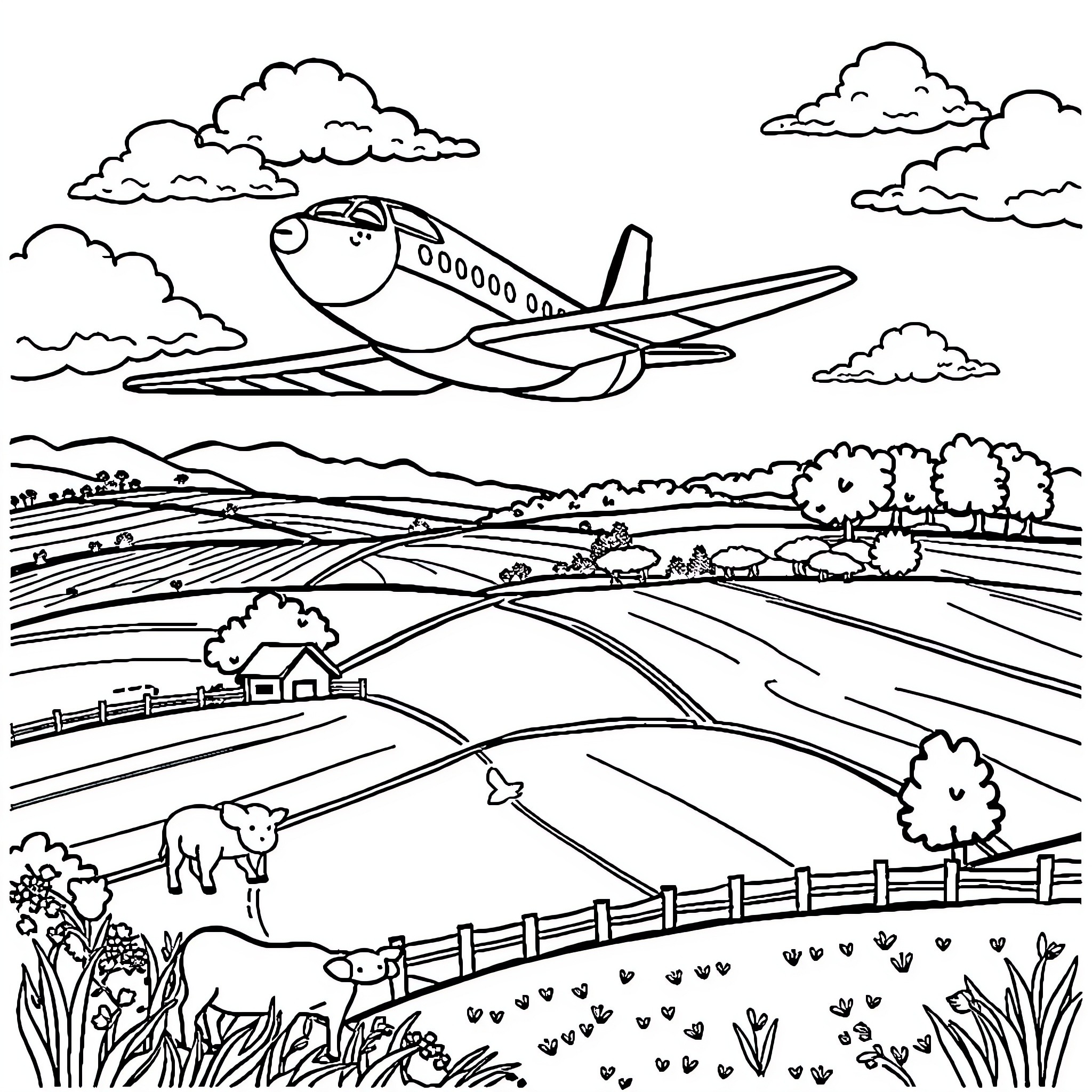 Airplane flying over scenic countryside landscape Coloring Page (free black-and-white line drawing printable PDF for all, from beginners to advanced learners, including children, teens, adults, and seniors)