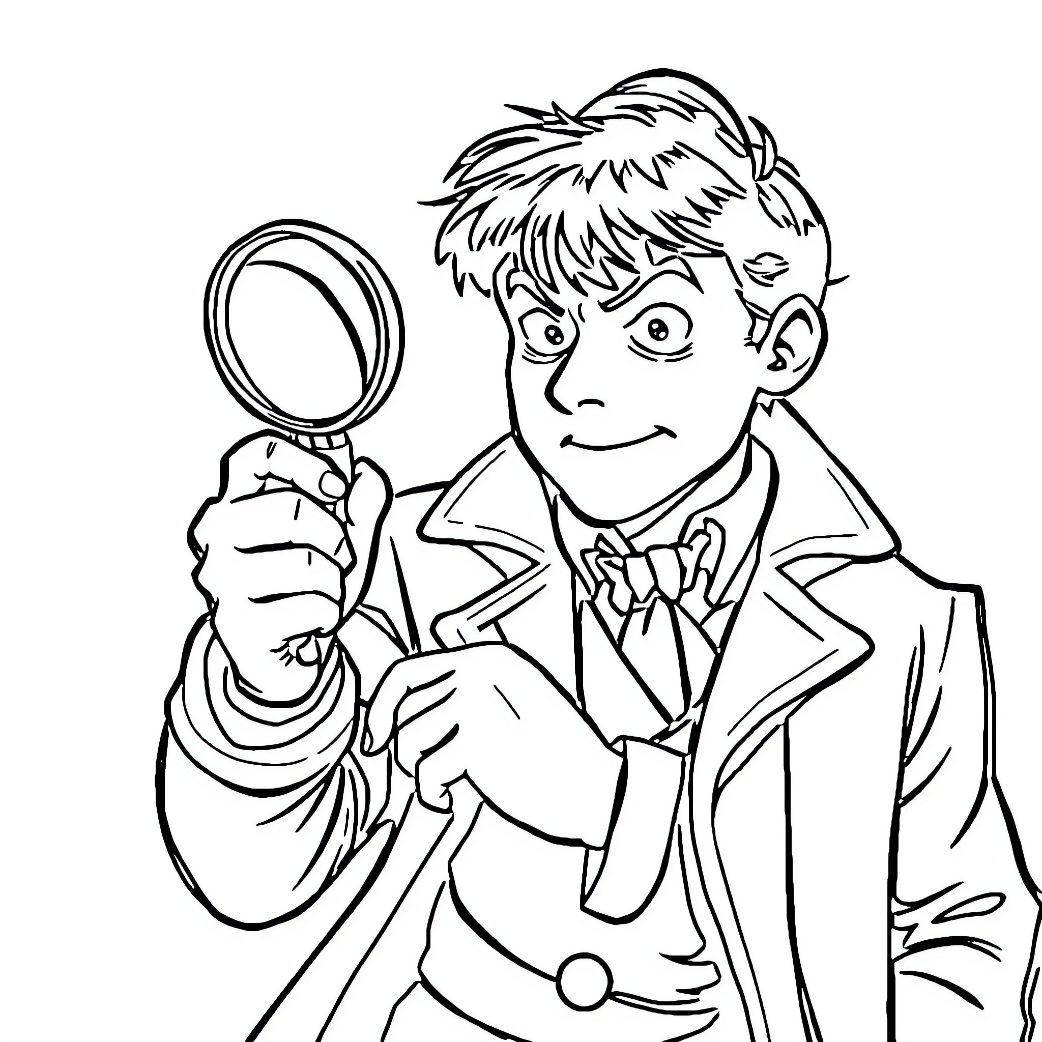 Detective Conan examining clues with magnifying glass Coloring Page (free black-and-white line drawing printable PDF for all, from beginners to advanced learners, including children, teens, adults, and seniors)