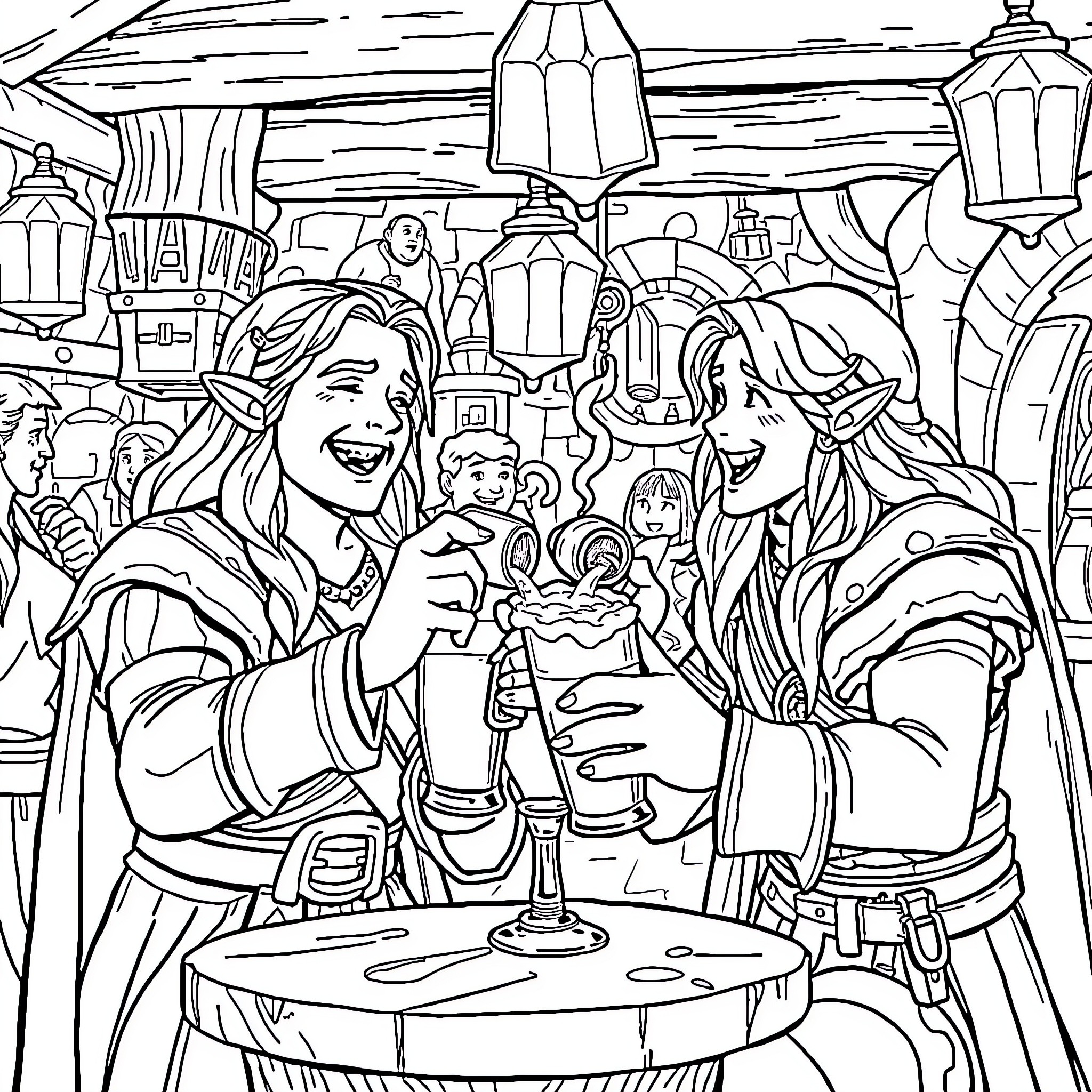Legolas sharing a drink with his friends in a tavern Coloring Page (free black-and-white line drawing printable PDF for all, from beginners to advanced learners, including children, teens, adults, and seniors)